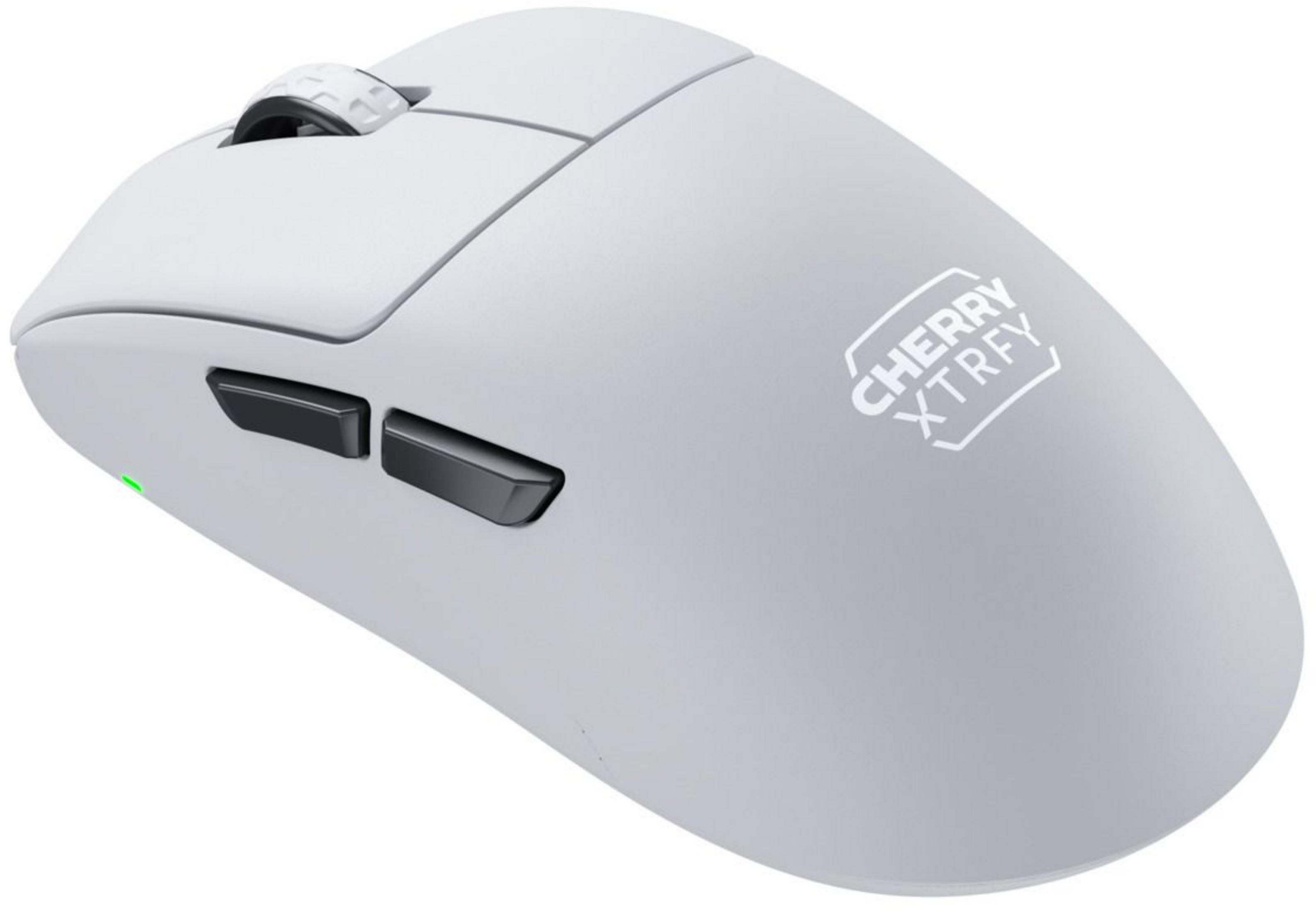 Un mouse wireless bianco con rotella, due pulsanti e una luce verde.