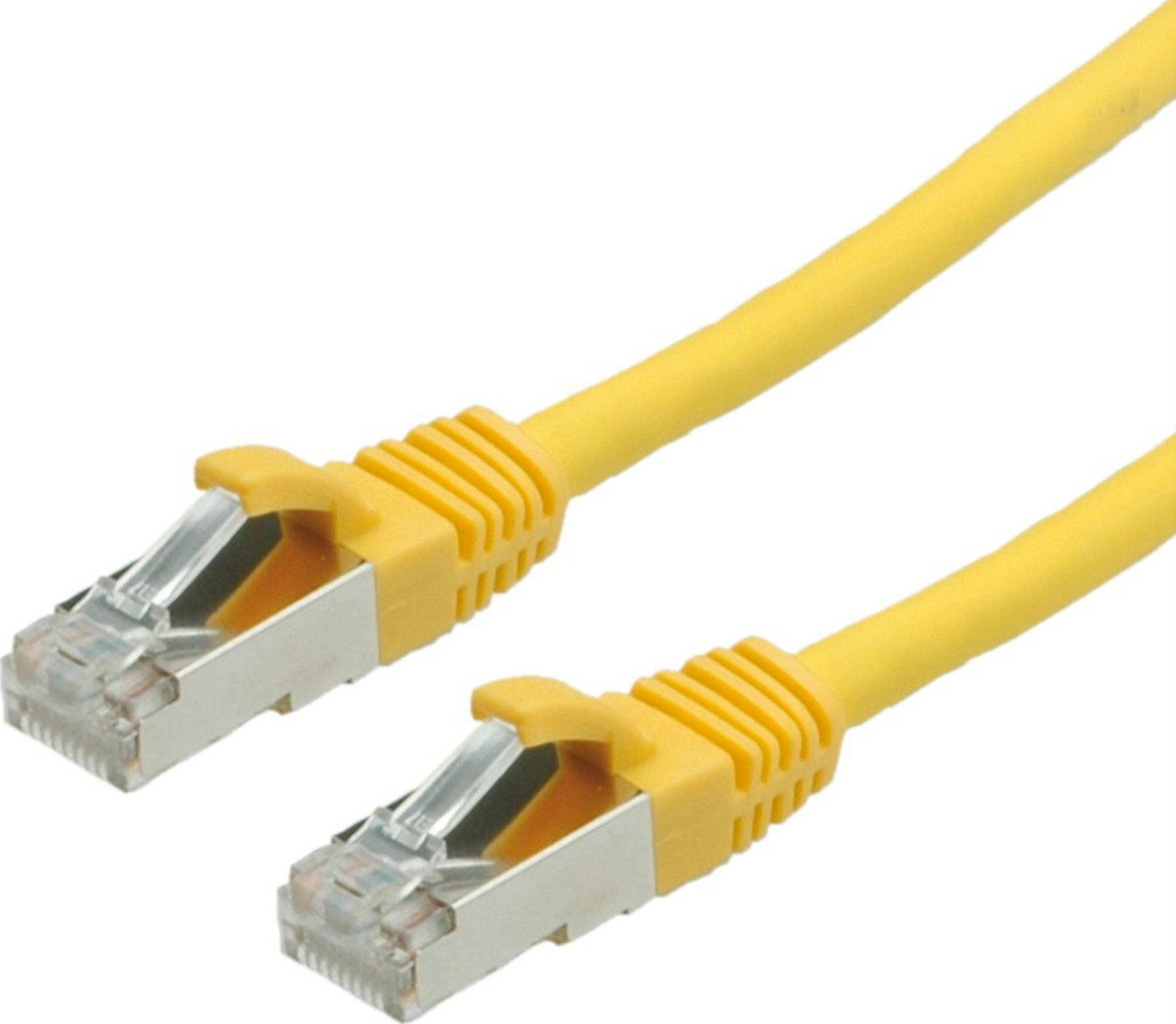 Due cavi Ethernet gialli con connettori argentati su sfondo bianco.