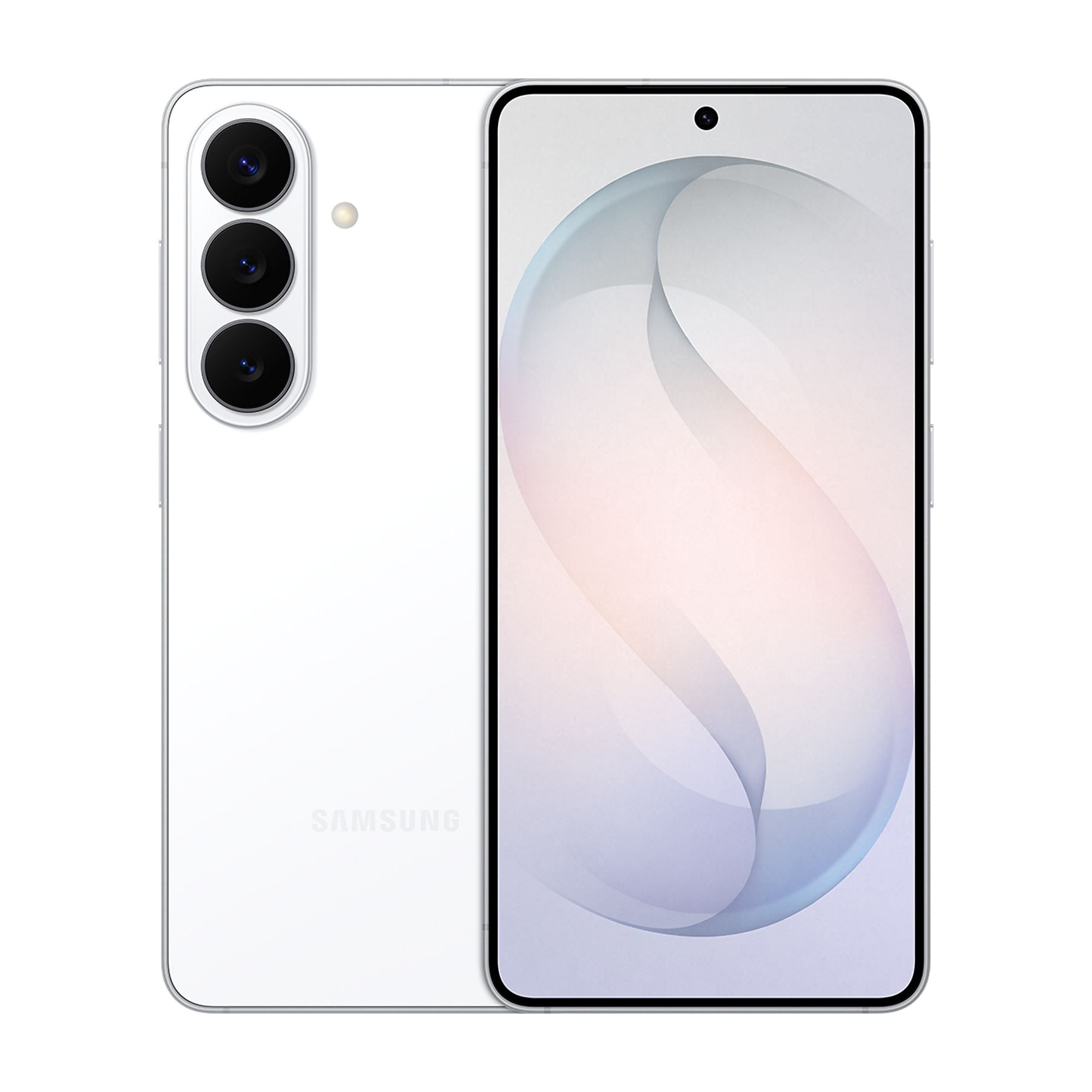 Arkada üç kamerası olan beyaz bir Samsung akıllı telefon.