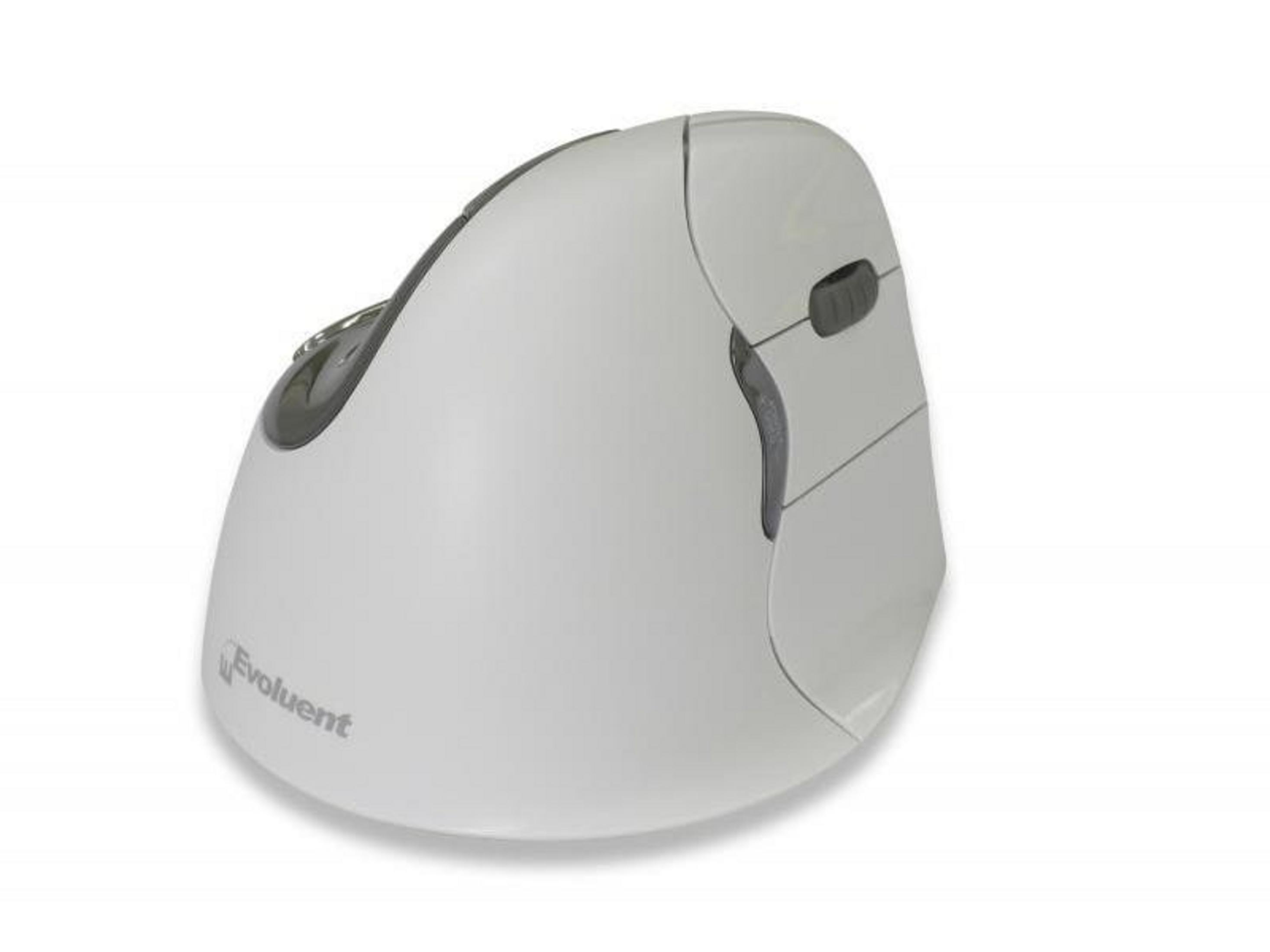 Een witte verticale computermuis met donkere knoppen en een scrollwiel.