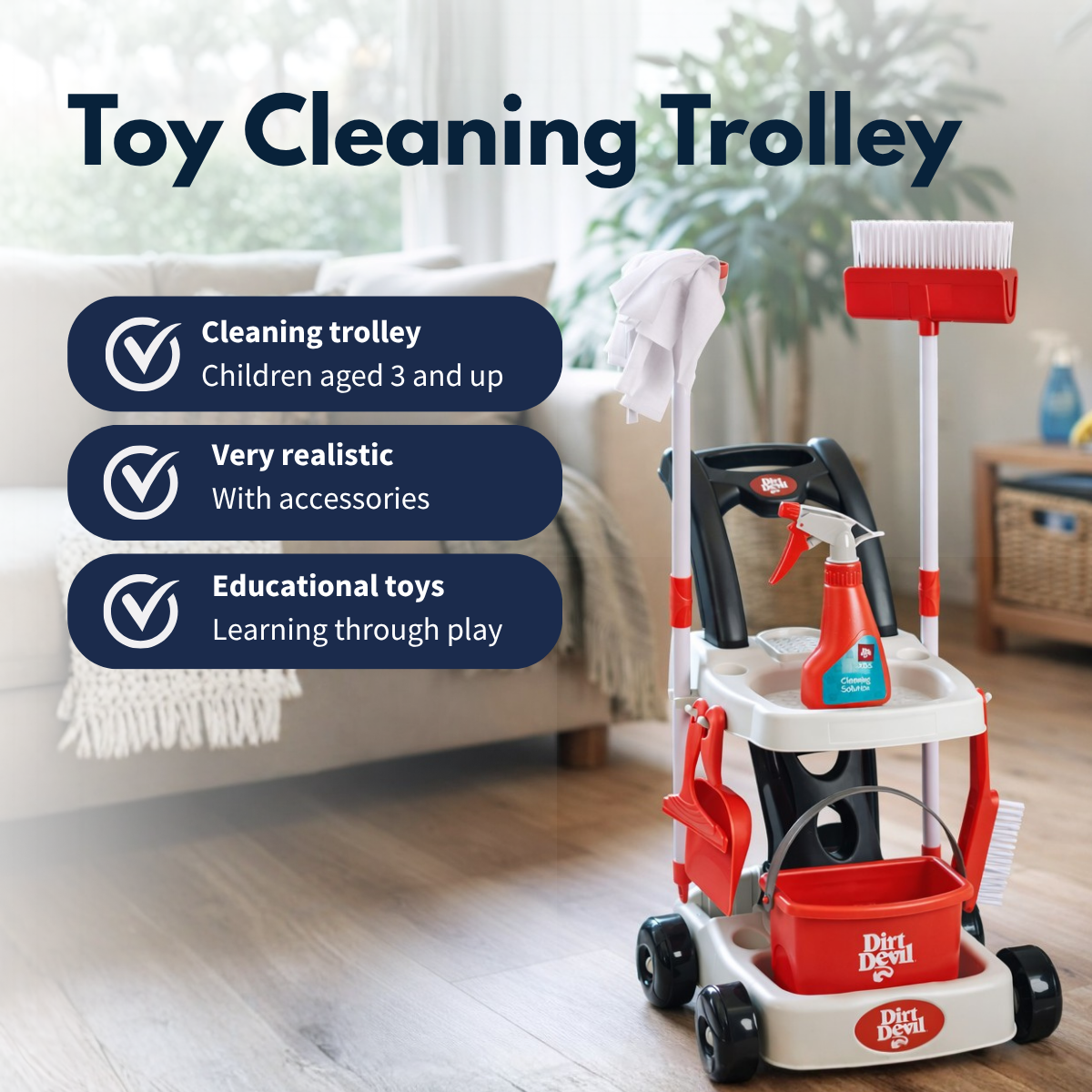 A toy cleaning trolley with broom, mop, bucket, and spray bottle.