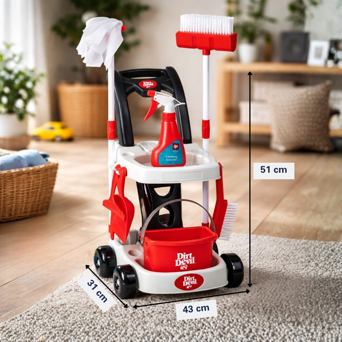A red toy cleaning cart with a broom, bucket, and spray bottle.