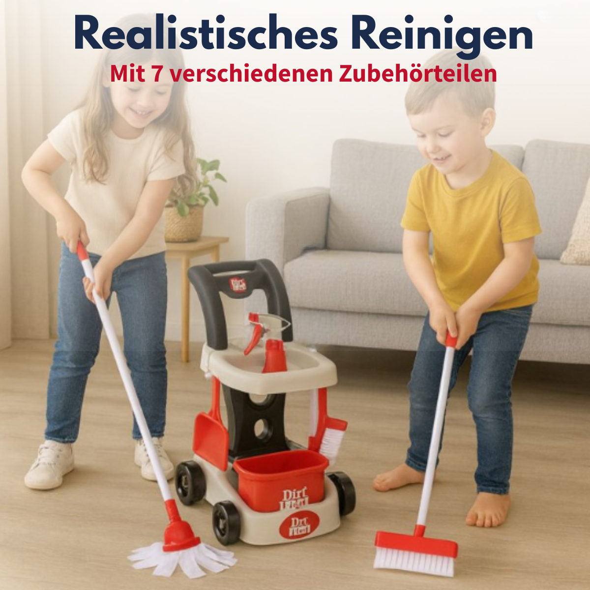 Two children play with a cleaning cart and accessories in a living room.