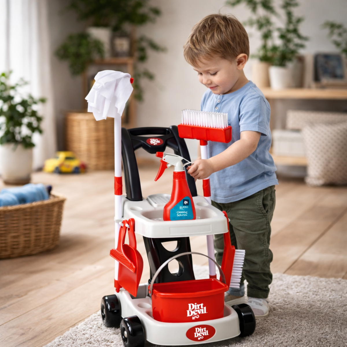 A young boy plays with a toy cleaning cart featuring a broom, spray bottle, and bucket.