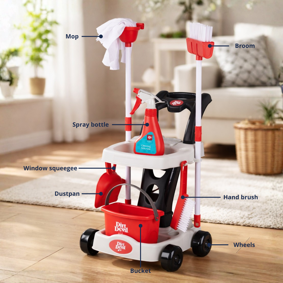 A toy cleaning cart with a broom, mop, bucket, spray bottle, and dustpan.