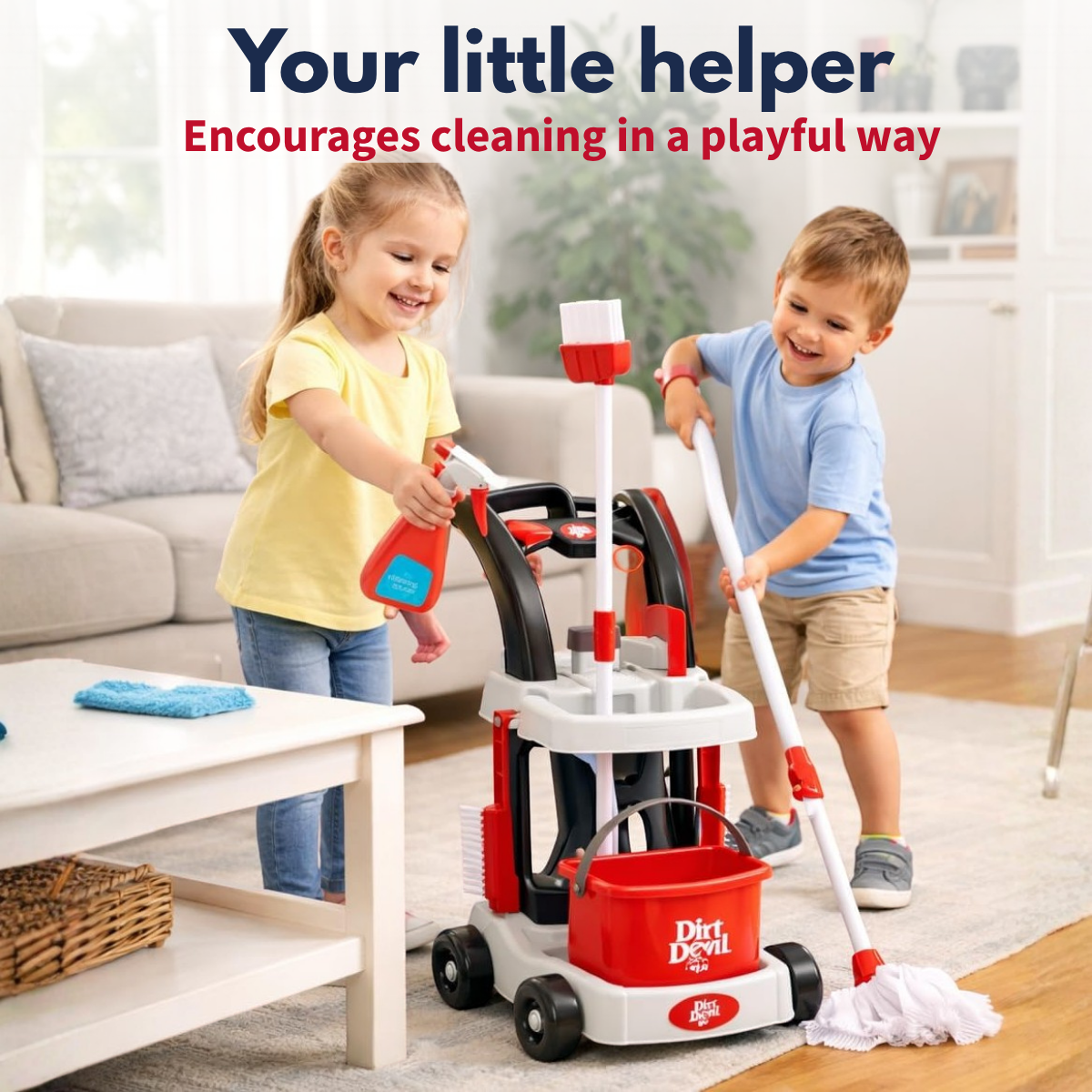 Two children play with a toy cleaning cart indoors. A girl sprays, a boy mops.
