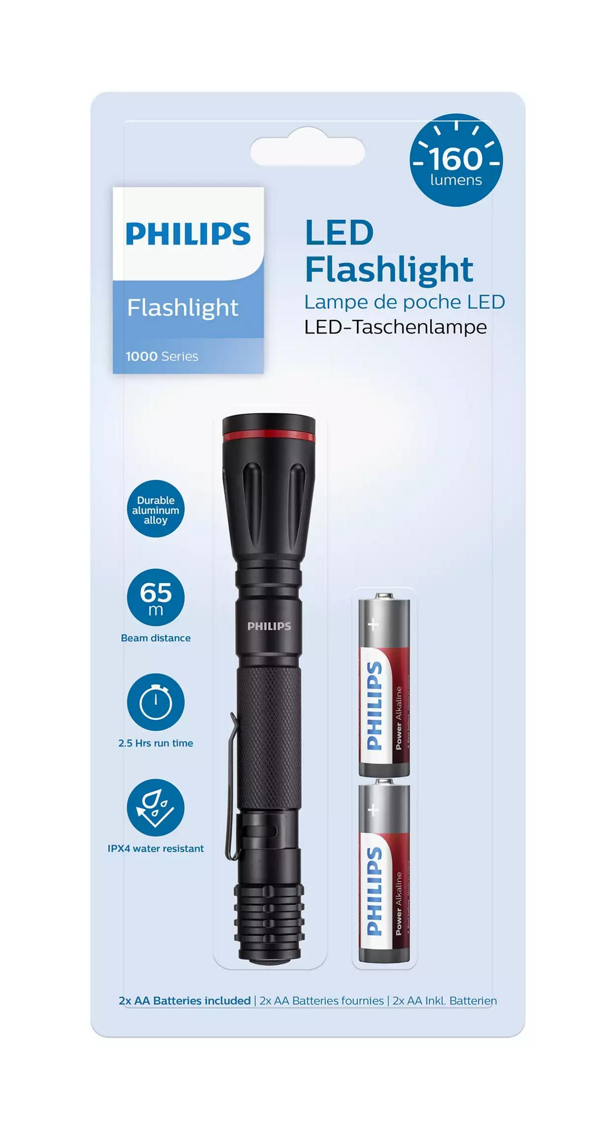Philips LED Taschenlampe, 160 Lumen, 65m Reichweite, 2,5h Laufzeit, IPX4, 2x AA.