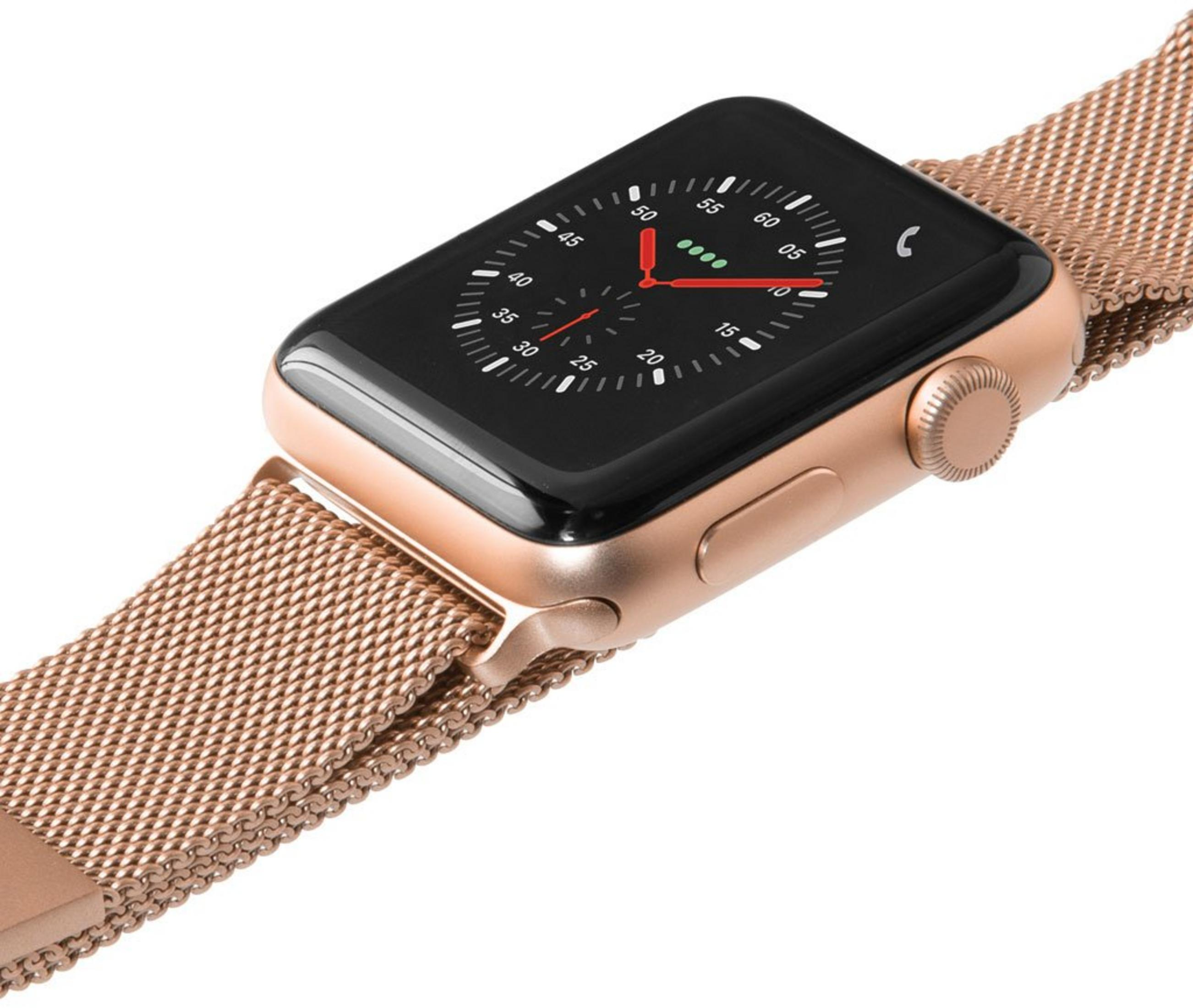 Różowo-złoty smartwatch z czarnym ekranem pokazującym tarczę i siatkową bransoletę.