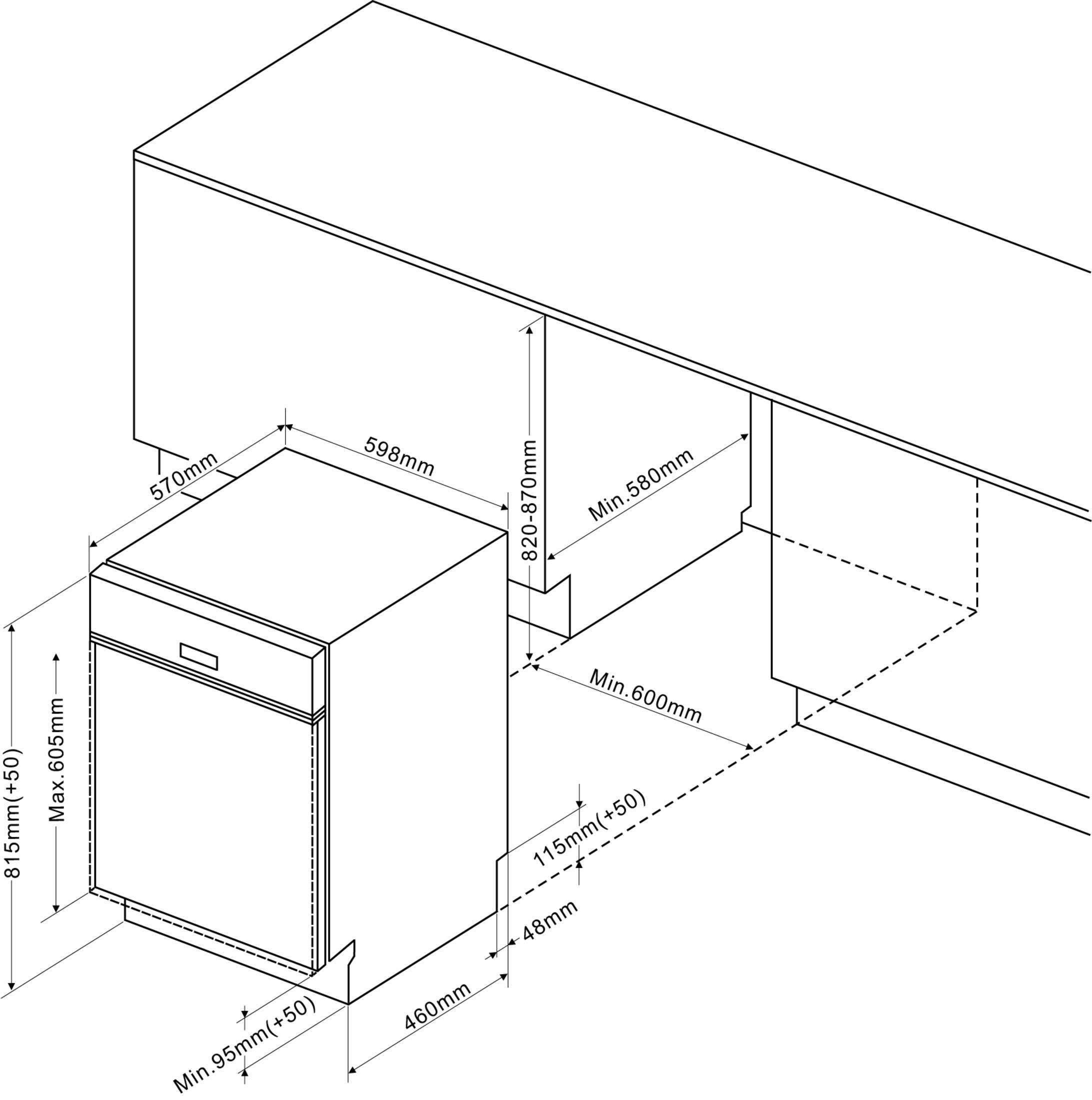Diagramm zeigt eine Spülmaschine mit Abmessungen. Höhe 815mm, Breite 598mm, Tiefe 570mm.
