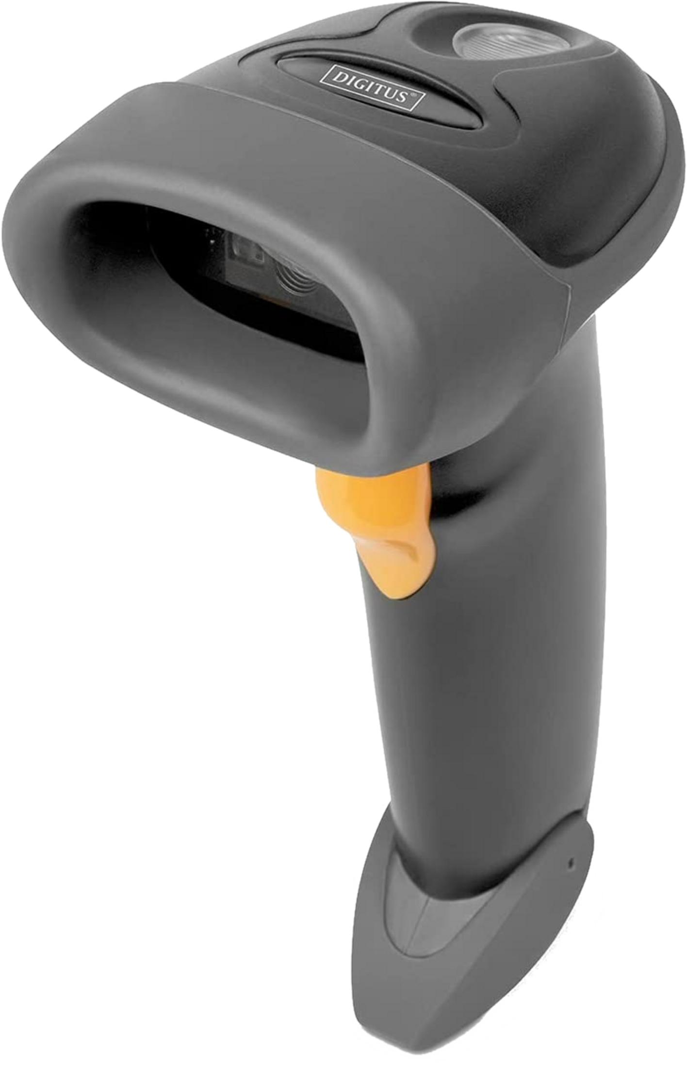 Ein grauer Barcode-Scanner mit einem orangen Auslöser und dem Markennamen DIGITUS.
