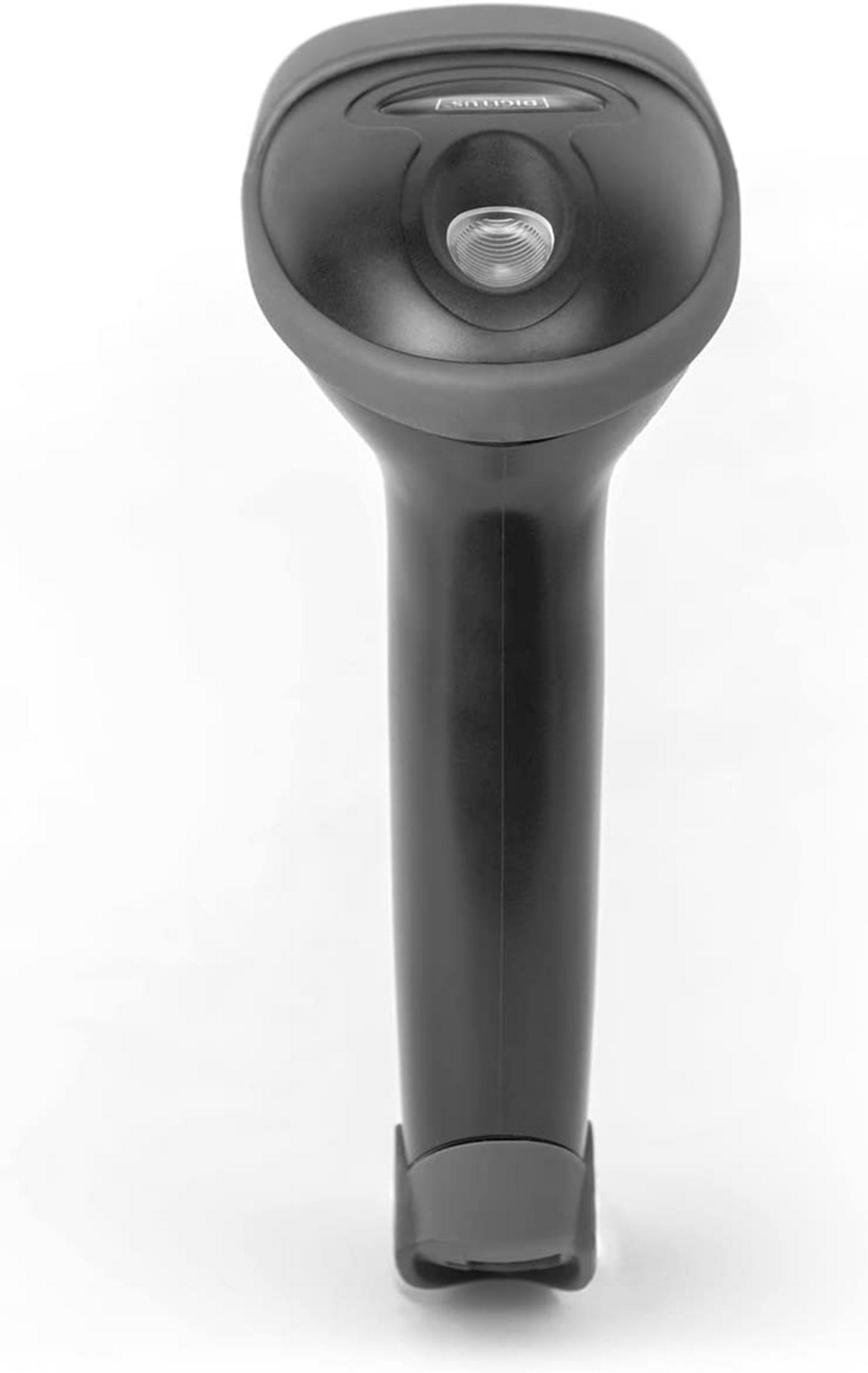 Ein schwarzer Barcode-Scanner mit grauem Griff und Lupe im oberen Teil.