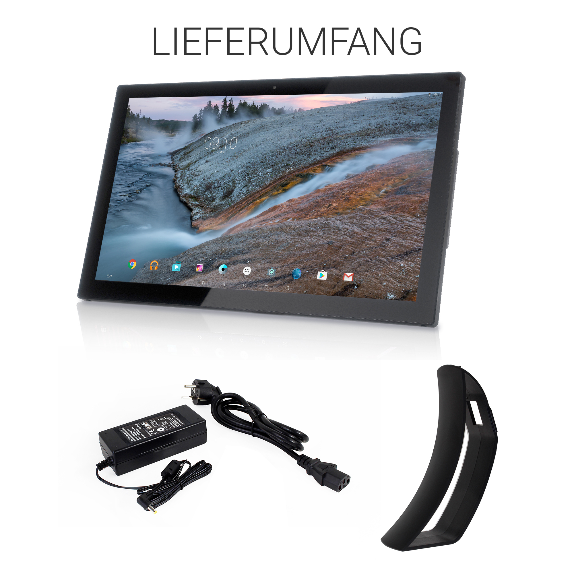 Un tablet con alimentatore, cavo e supporto su sfondo bianco.