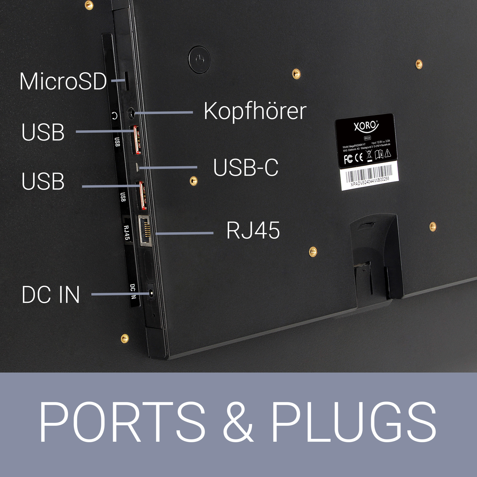 Retro di un dispositivo con porte: MicroSD, cuffie, USB, USB-C, RJ45, DC IN.