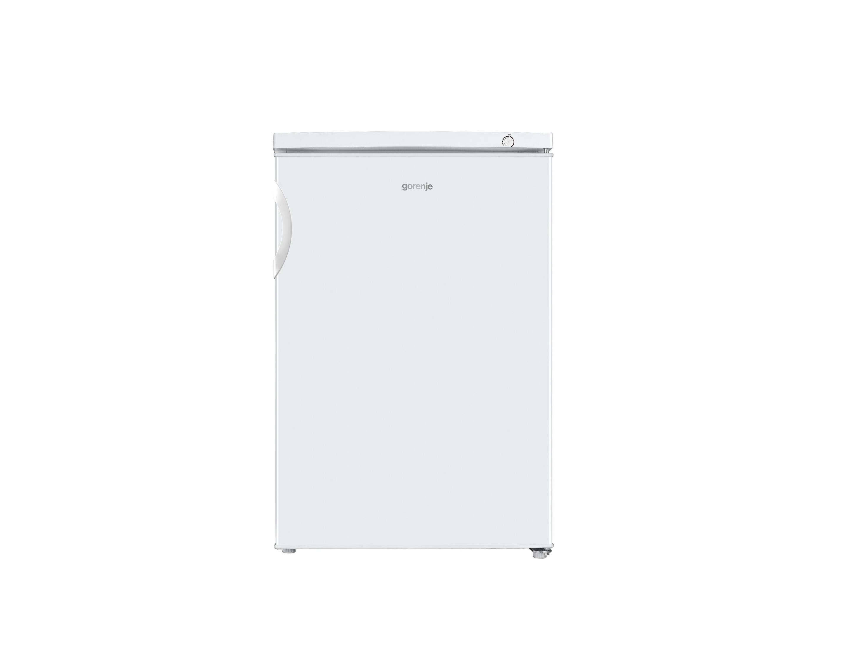 Ein weißer Gorenje Kühlschrank mit Griff und Bedienelementen.