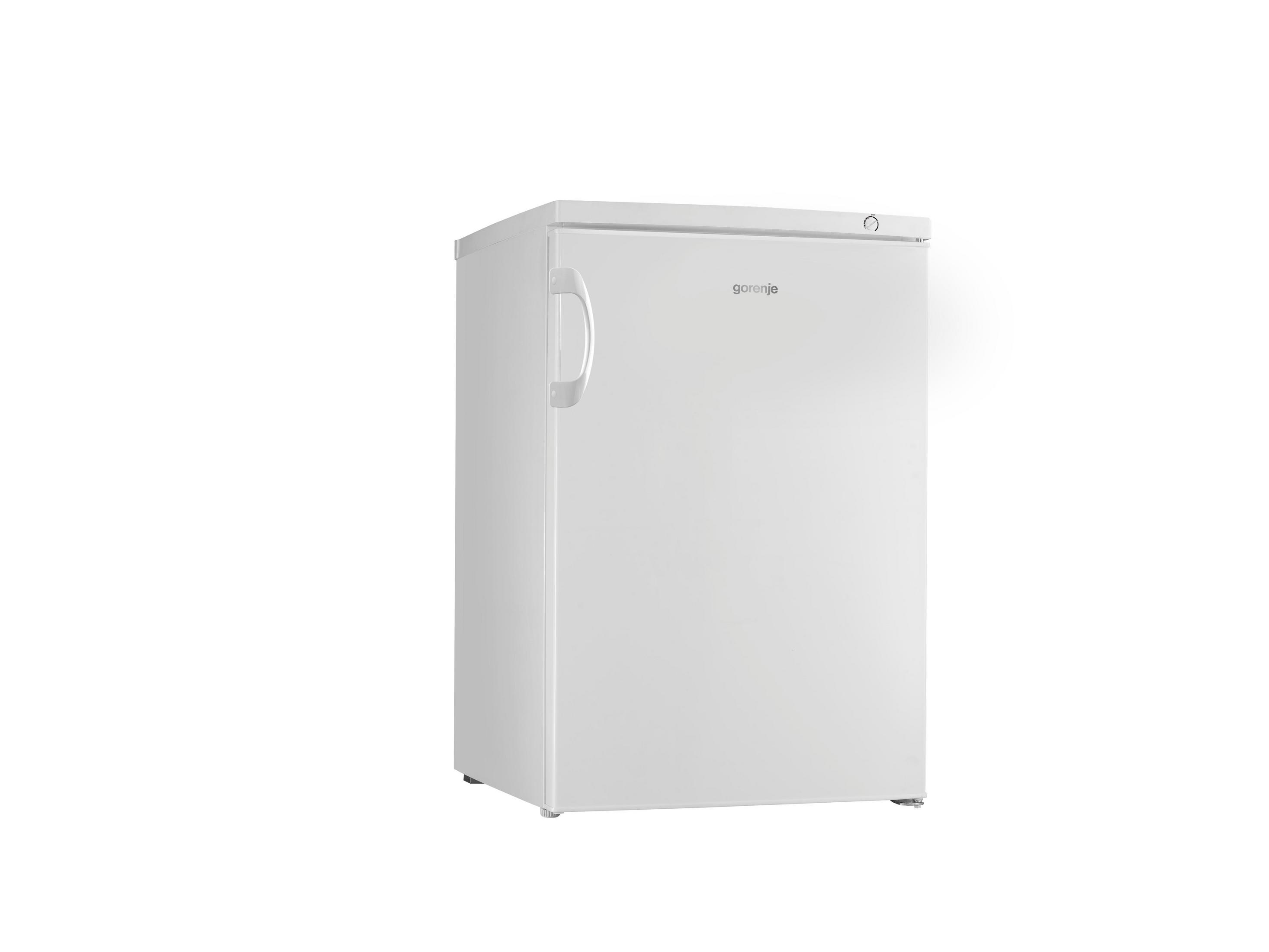 Ein weißer Kühlschrank der Marke Gorenje mit einem silbernen Griff.