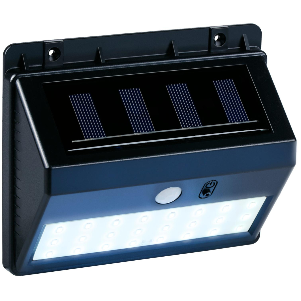 Zwarte solar lamp met LED's en bewegingssensor.