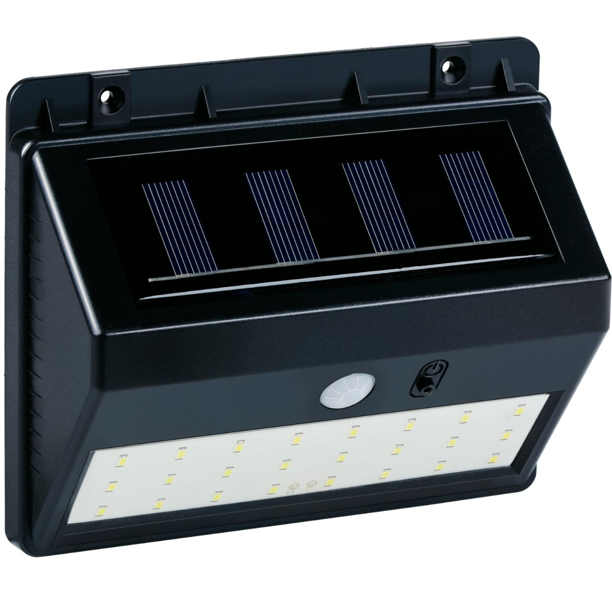 Zwarte solar wandlamp met bewegingssensor en meerdere LED's.