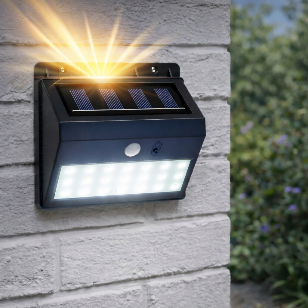 Een op zonne-energie werkende lamp met veel LED's en een zonnepaneel is gemonteerd op een witte bakstenen muur.