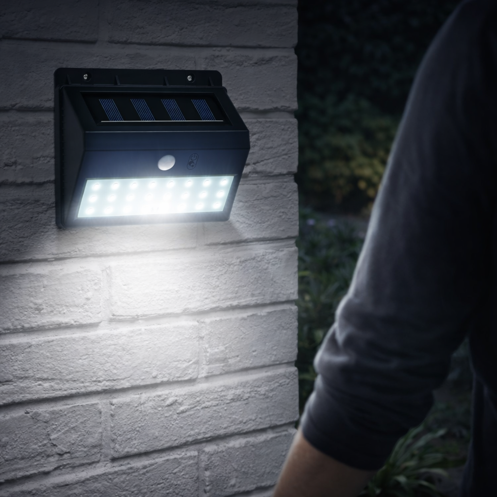 Een solar lamp verlicht een bakstenen muur, met een persoon op de voorgrond.