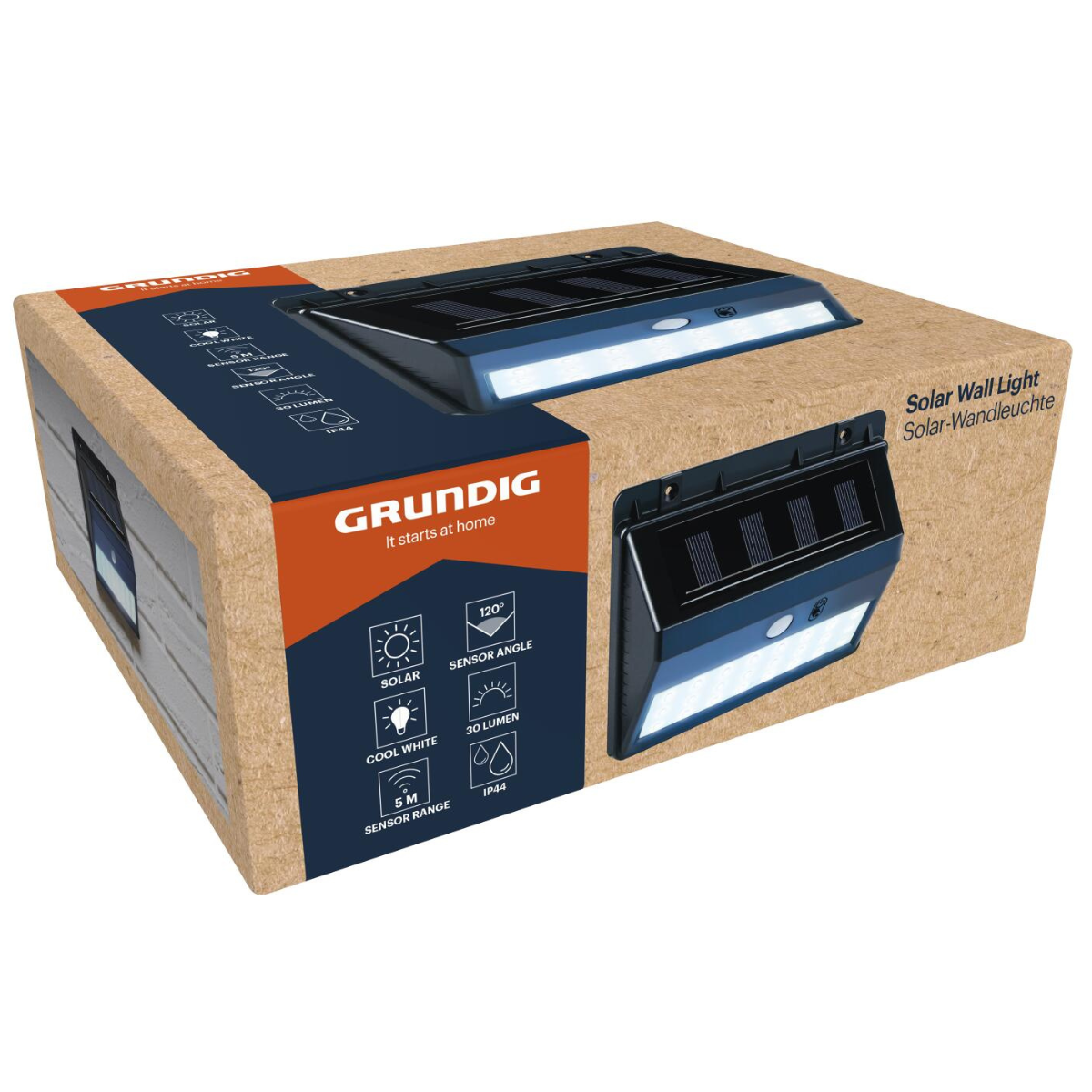 Grundig solar wandlamp verpakking toont details: 120° sensor, 30 lumen, 5m bereik.