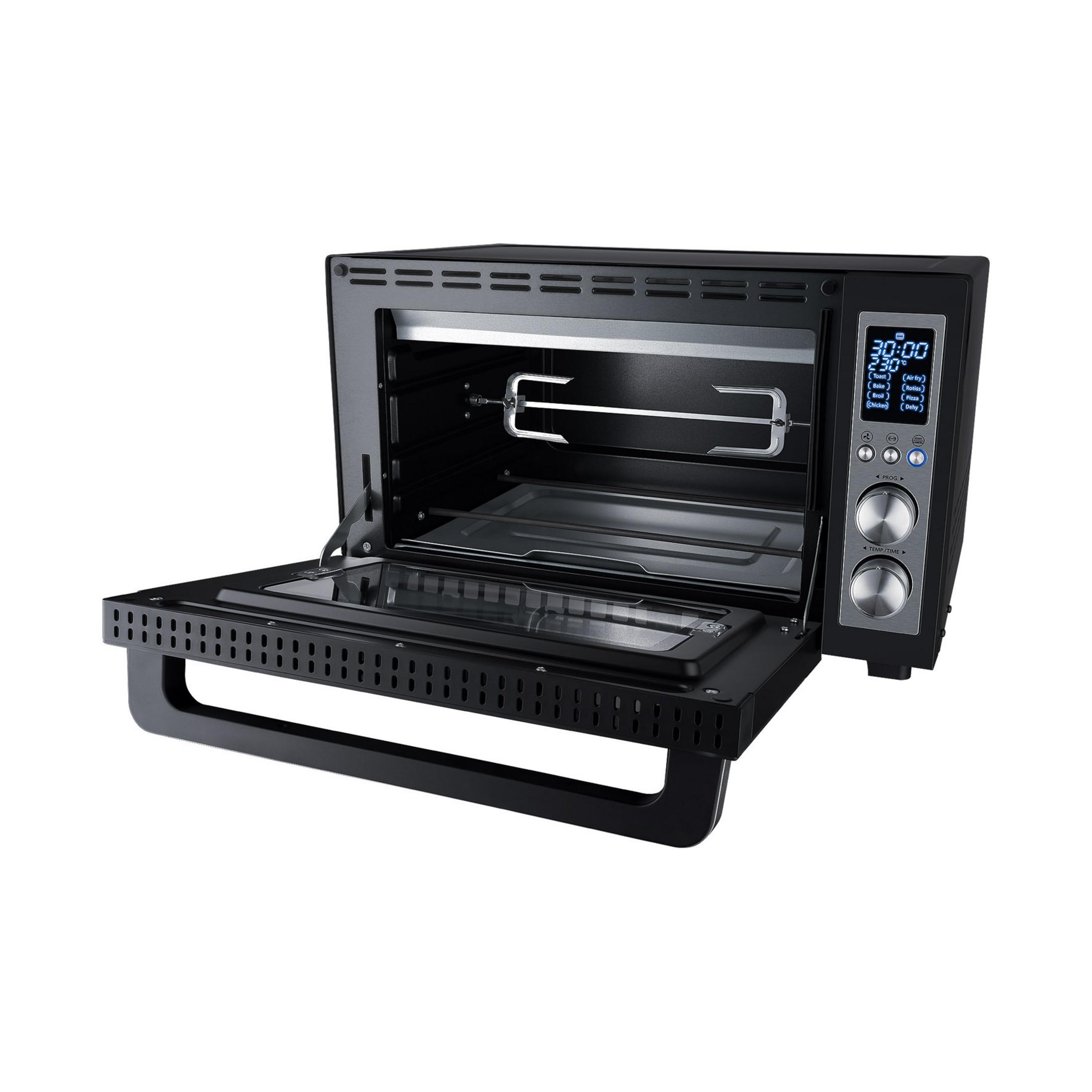 Ein schwarzer Toaster-Ofen mit geöffneter Tür und Display.