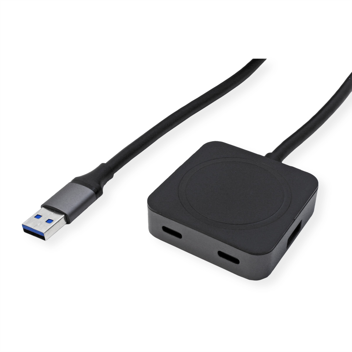 Hub USB-C nero con una porta USB-A e due fessure strette.