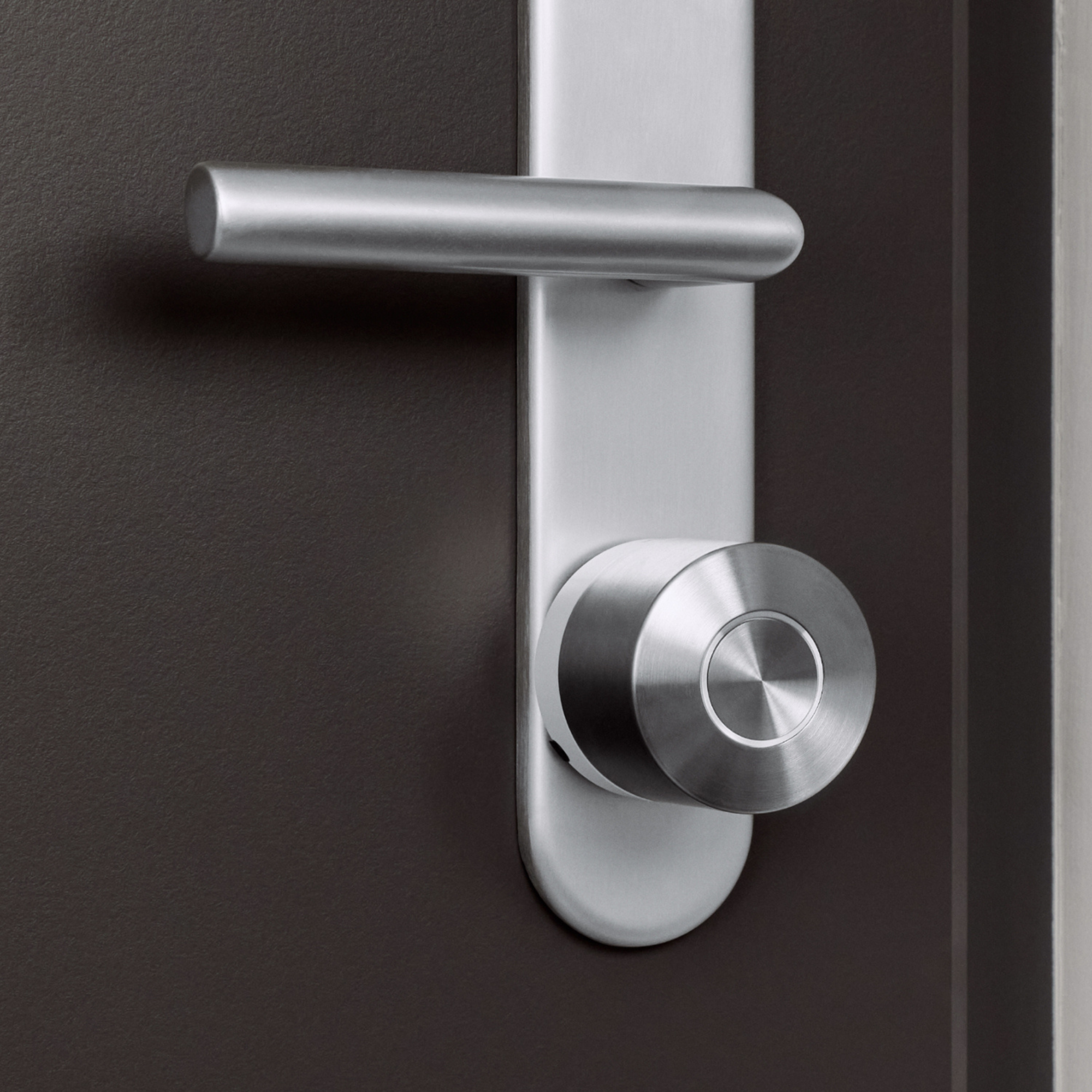 A silver door handle and round knob on a dark door.