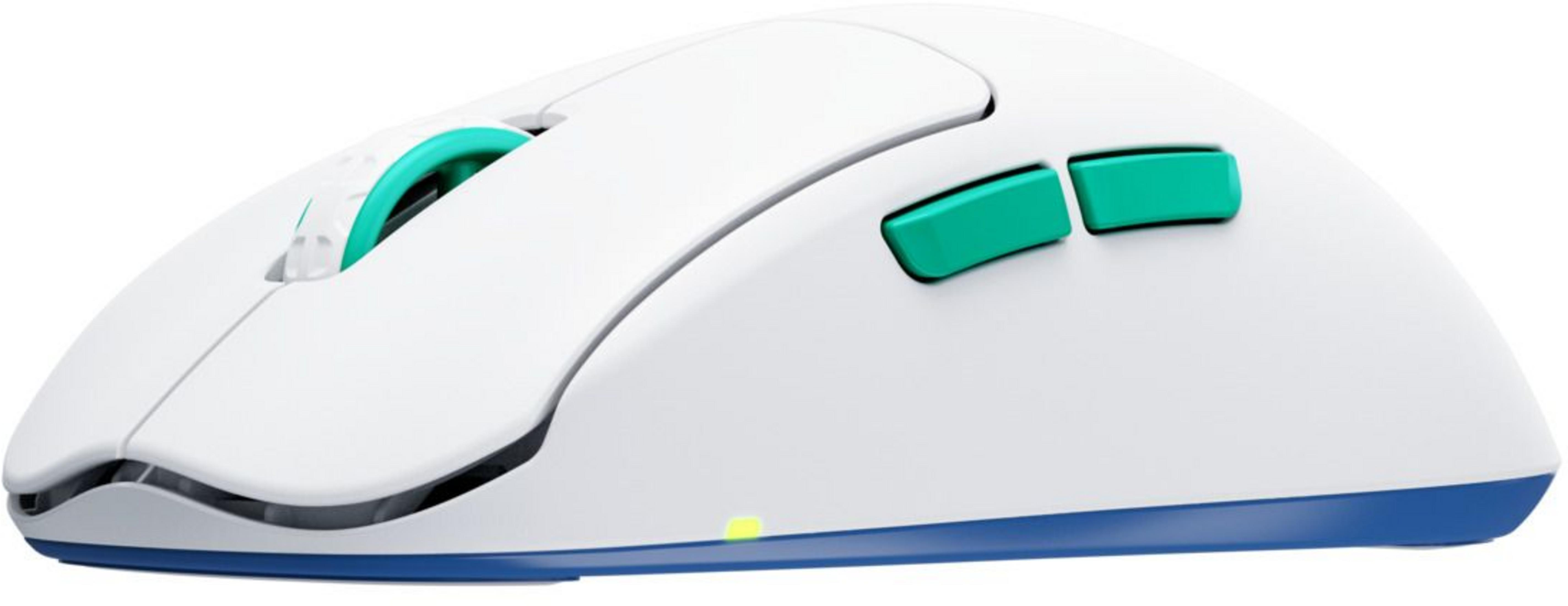 Een witte gamingmuis met teal accenten en een blauwe rand.