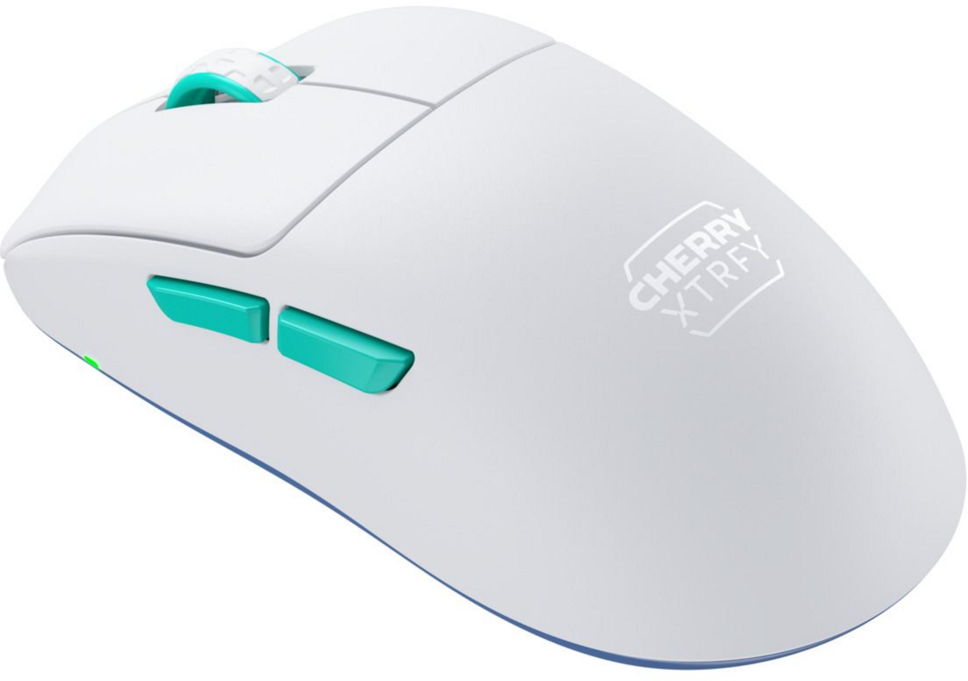 Een witte draadloze muis met turquoise knoppen en scrollwiel.