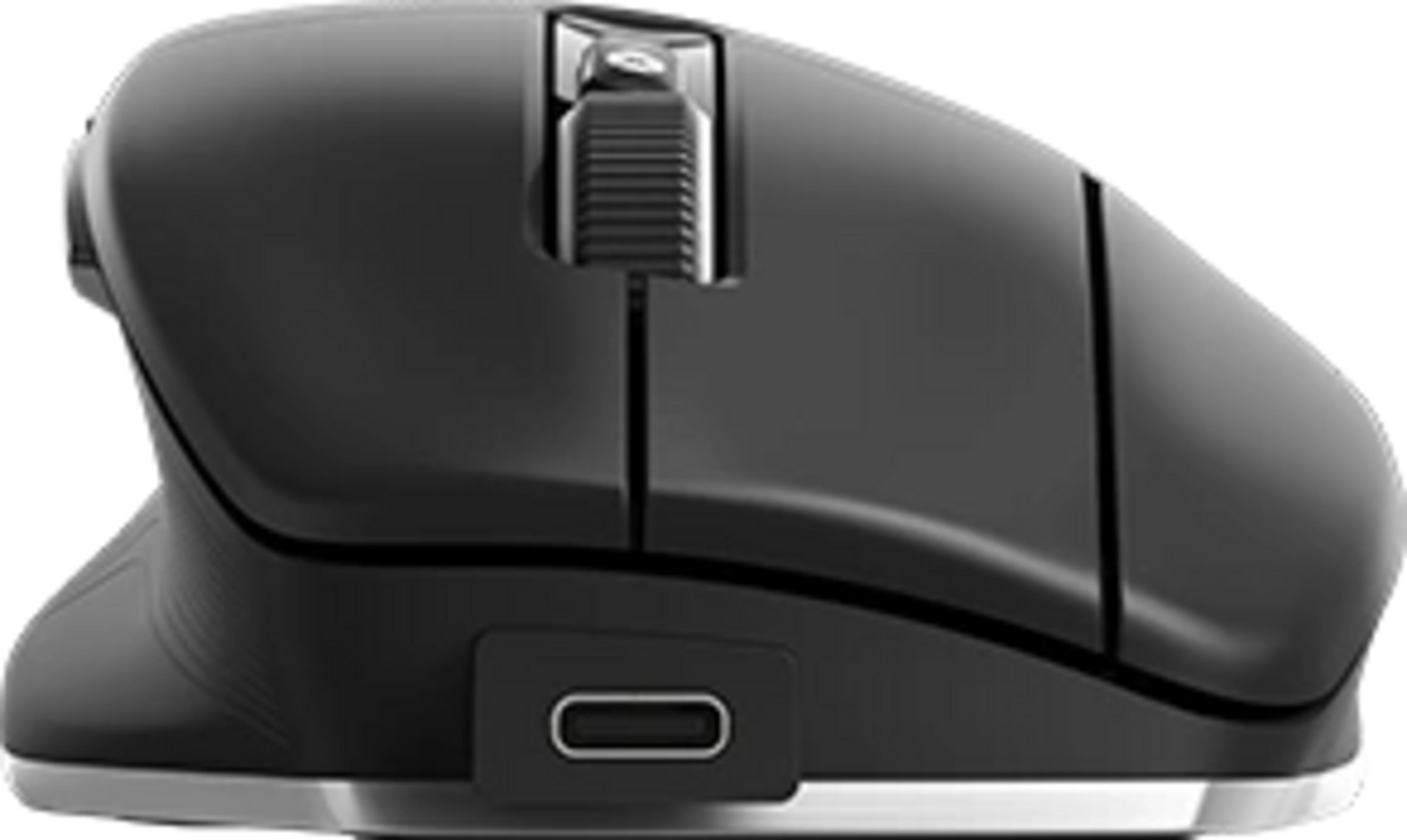 Ratón de ordenador negro con puerto USB-C y rueda de desplazamiento.