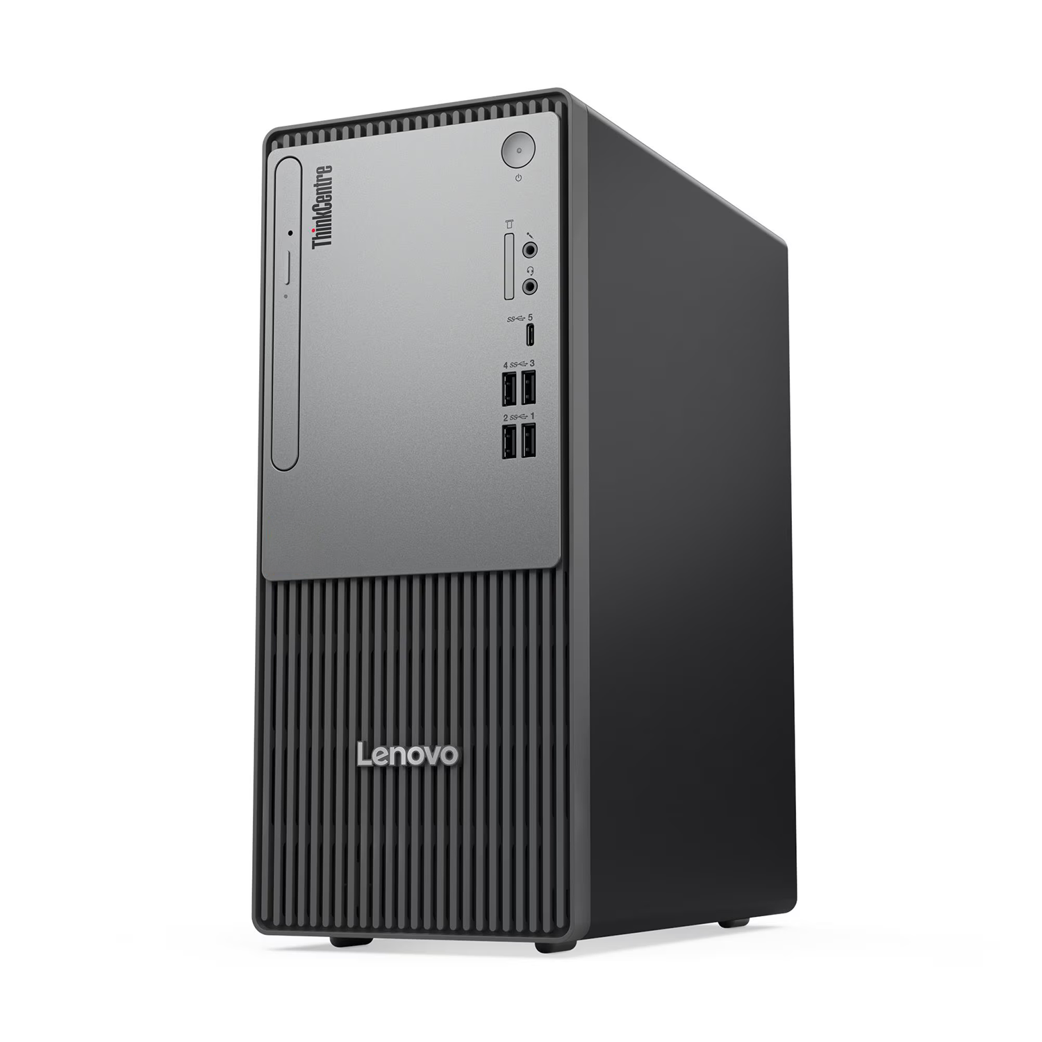 Gümüş ön panele ve bağlantı noktalarına sahip siyah bir Lenovo ThinkCentre masaüstü kulesi.