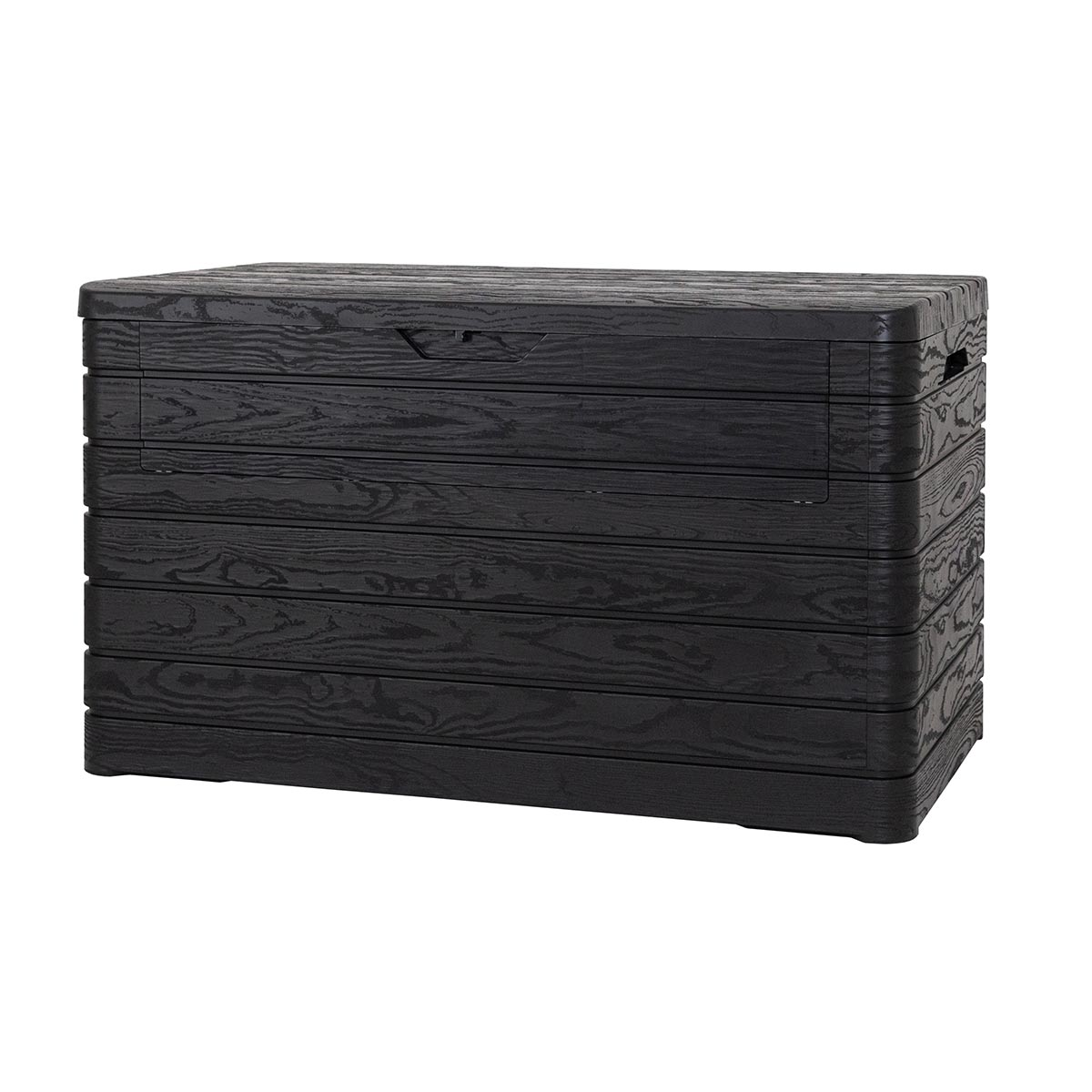 Une boîte de rangement noire à grain de bois se dresse sur fond blanc.