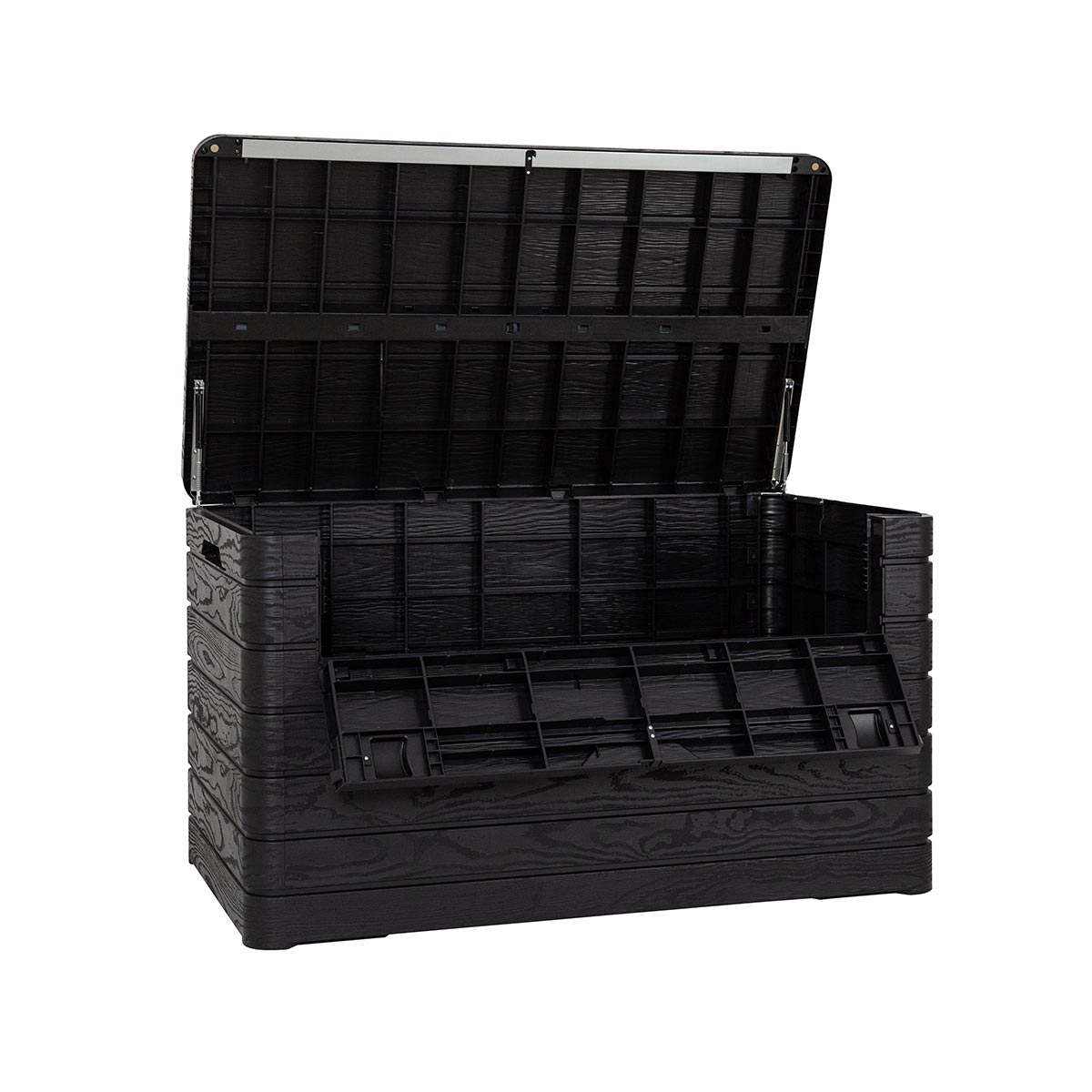 Boîte de rangement en plastique noir, couvercle ouvert, texture grain de bois.