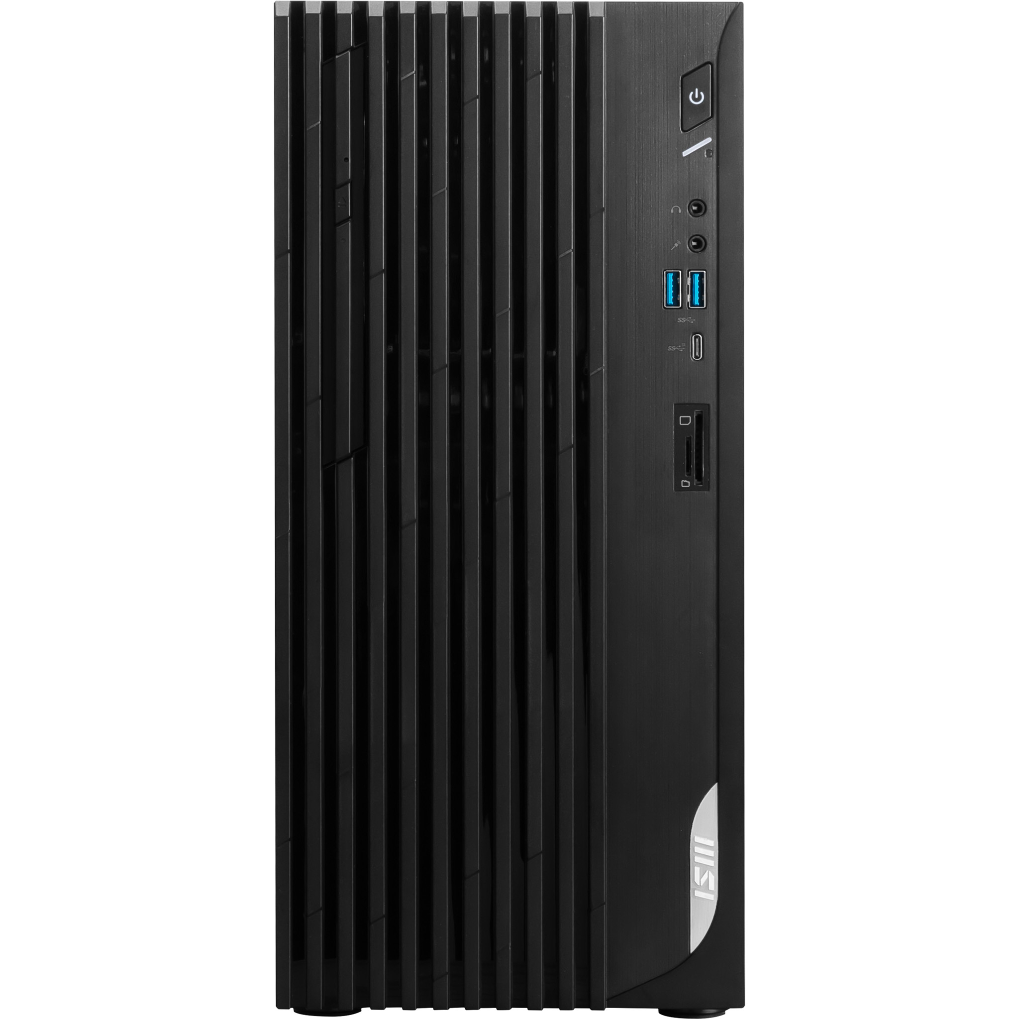 Zwarte pc-toren met verticale ventilatieopeningen en poorten.