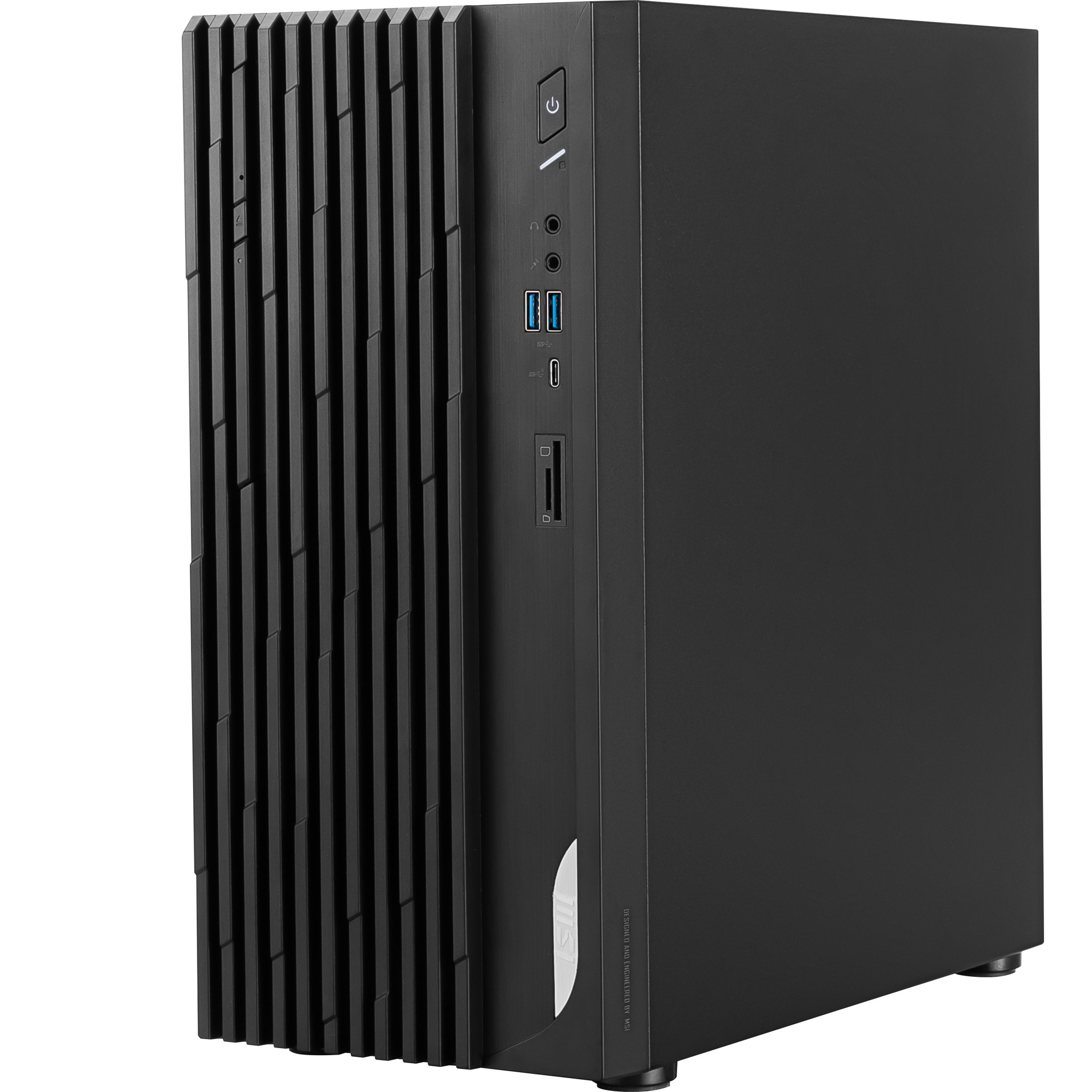 Zwarte pc-behuizing met verticale ventilatieopeningen en poorten aan de voorzijde.