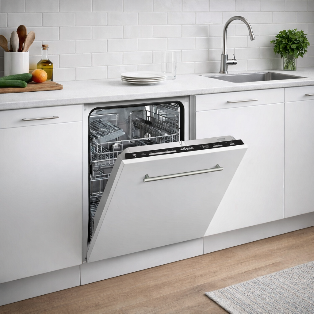 Un lavavajillas blanco con la puerta abierta en una cocina moderna.