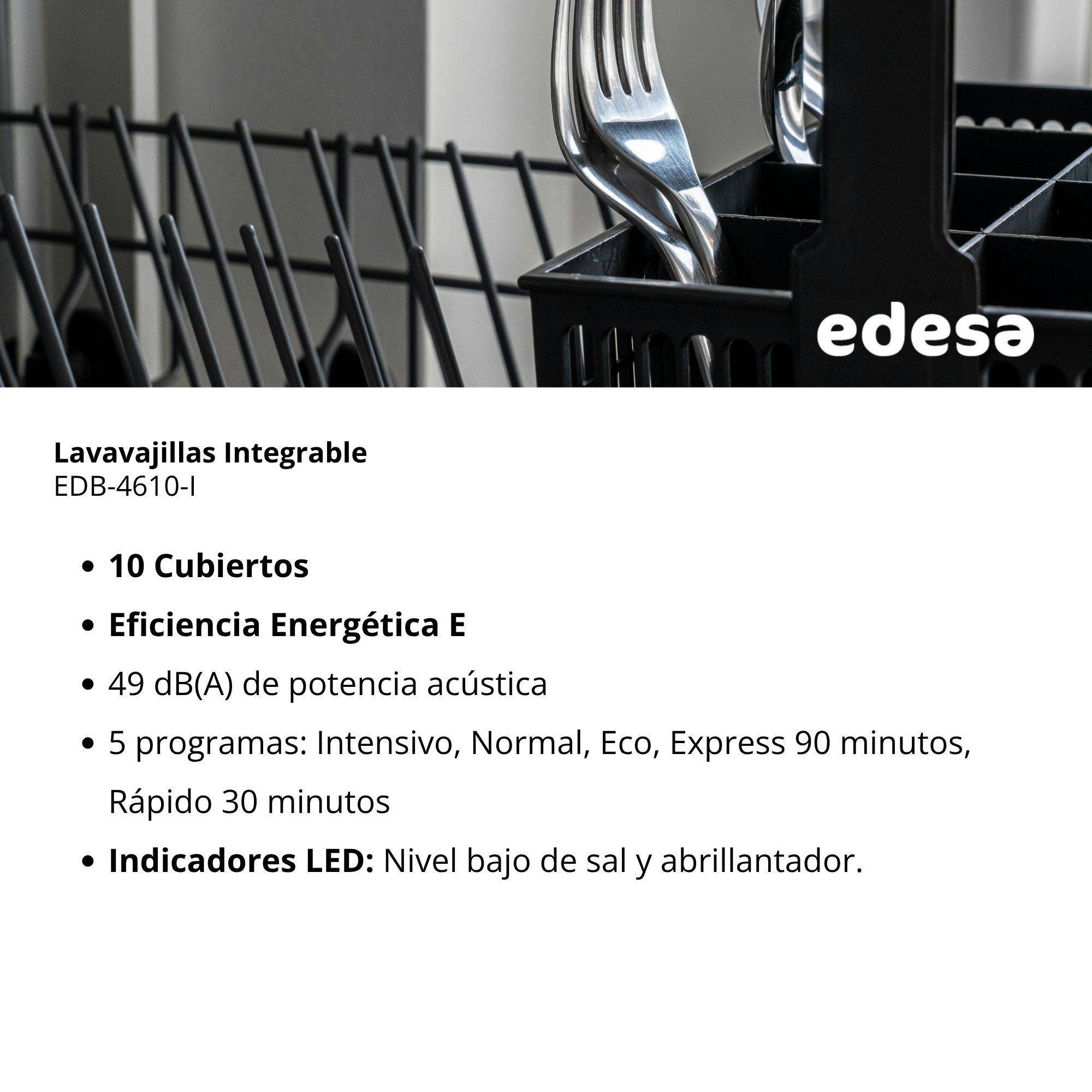 Cesto para lavavajillas con cubertero y logo Edesa.