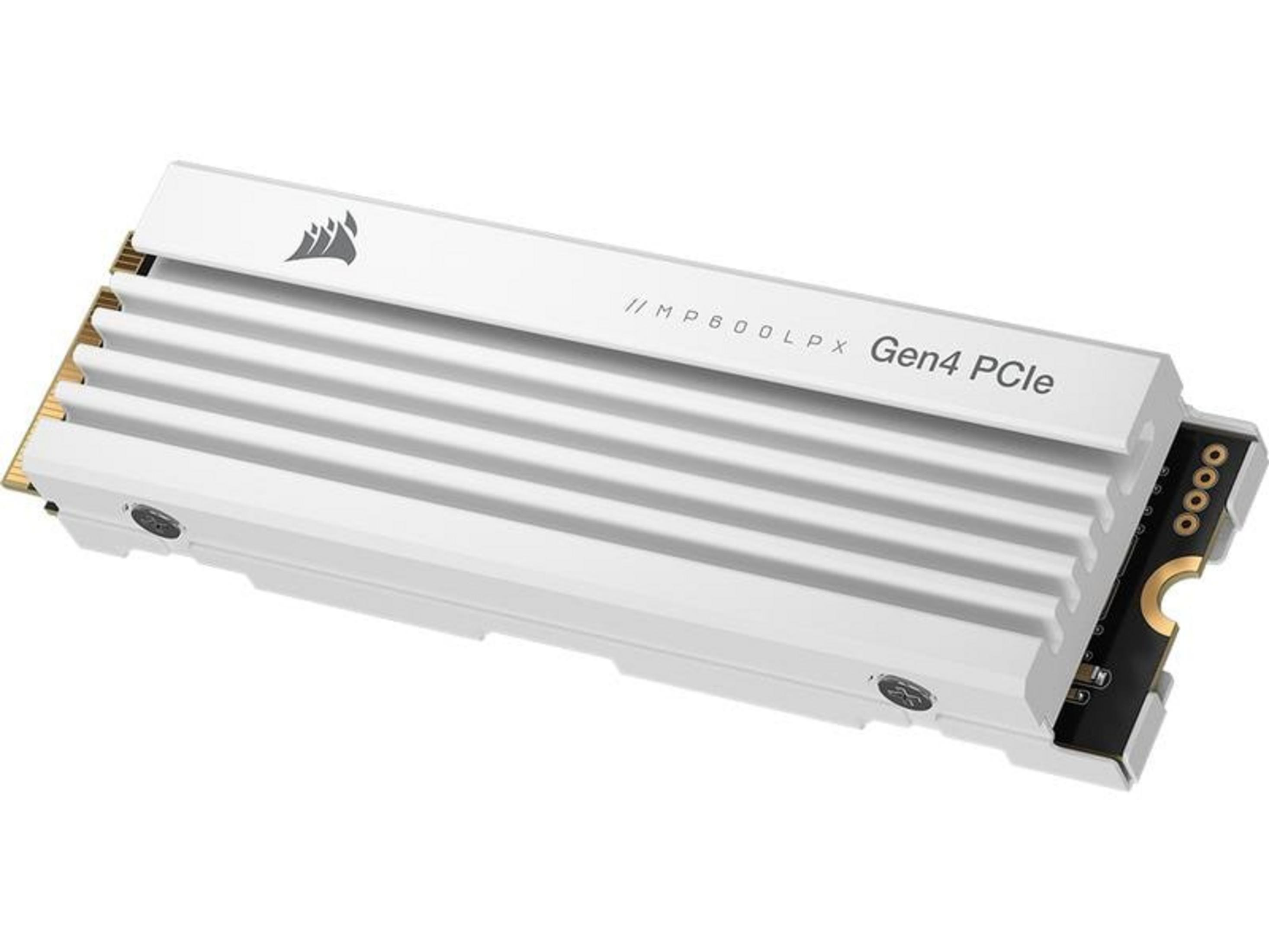 Biały radiator SSD M.2 z żebrami, logo i napisem.