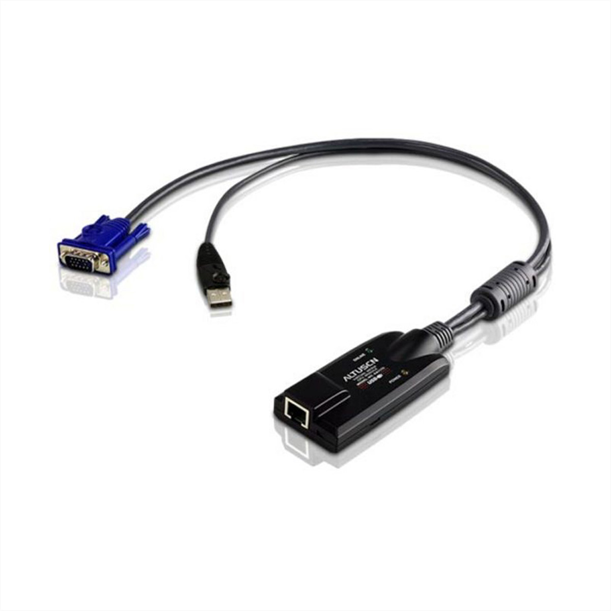 Un cavo KVM nero con connettori VGA e USB e un connettore RJ45.