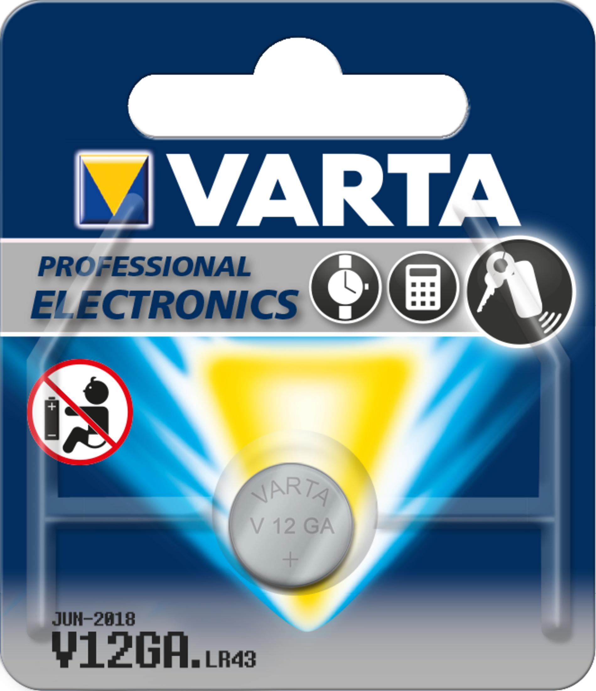 Batteria a bottone Varta V 12 GA LR43 su sfondo blu con icone.