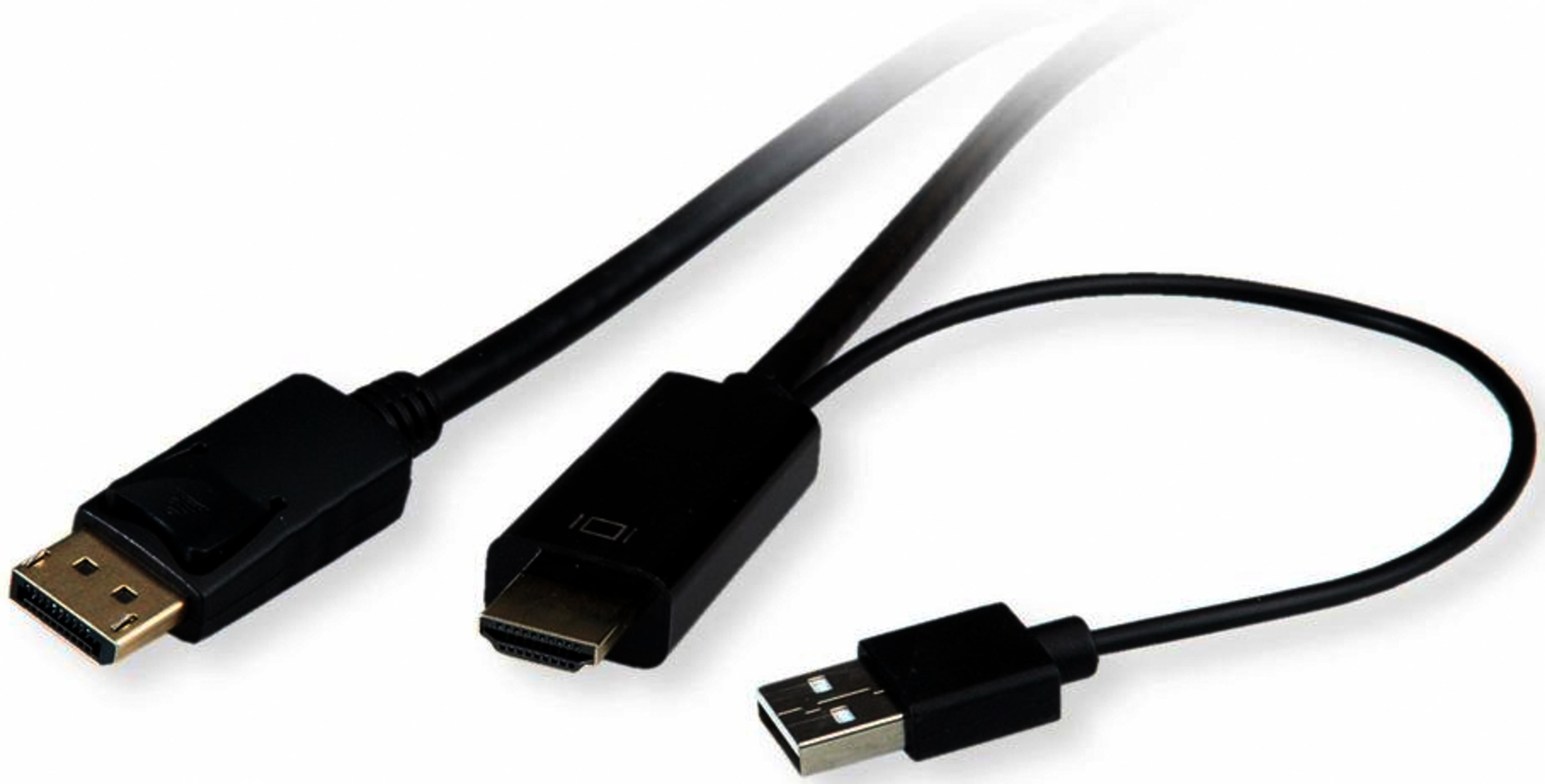 Trois câbles noirs avec connecteurs DisplayPort, HDMI et USB sur fond blanc.