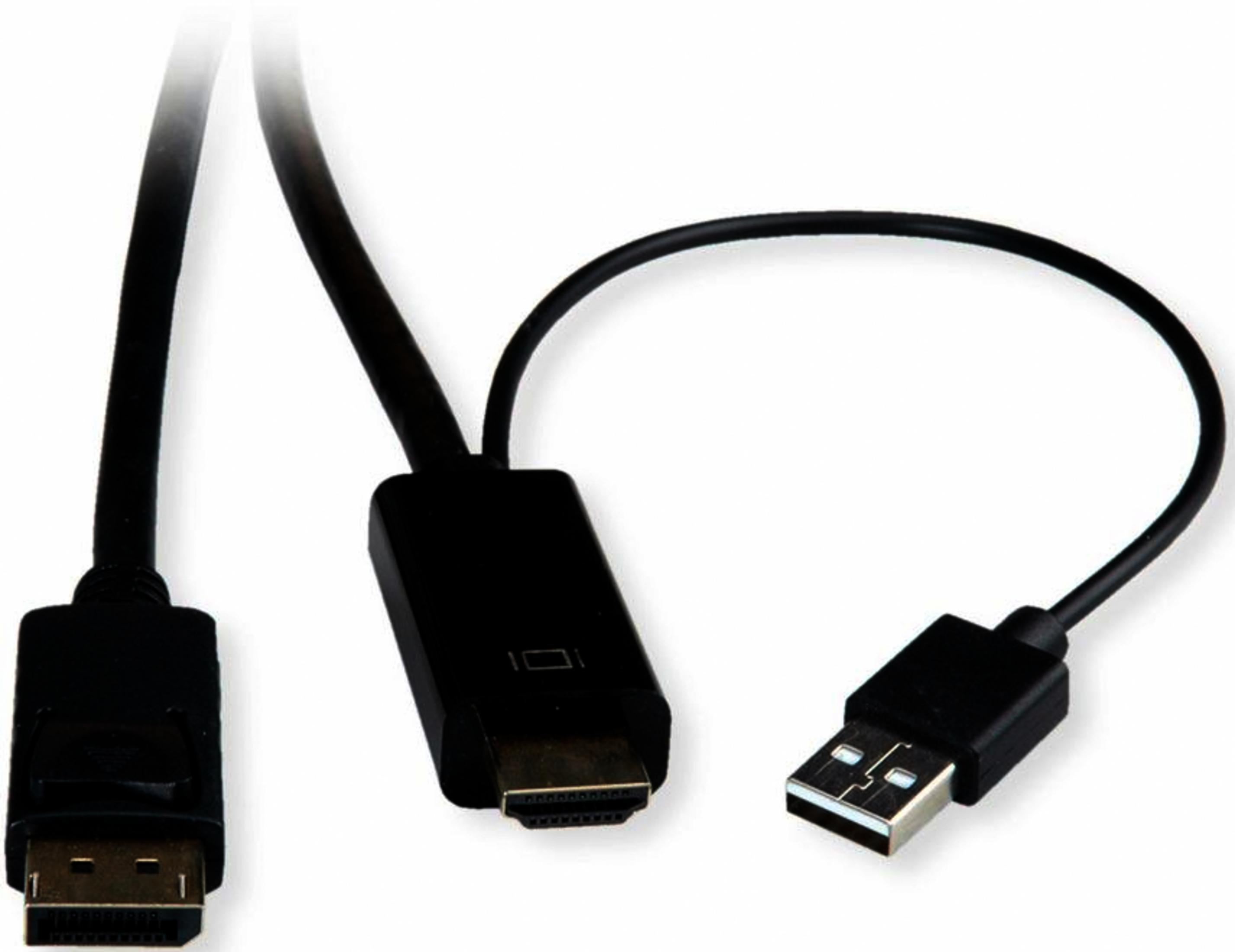 Un câble noir avec connecteurs DisplayPort, HDMI et USB.