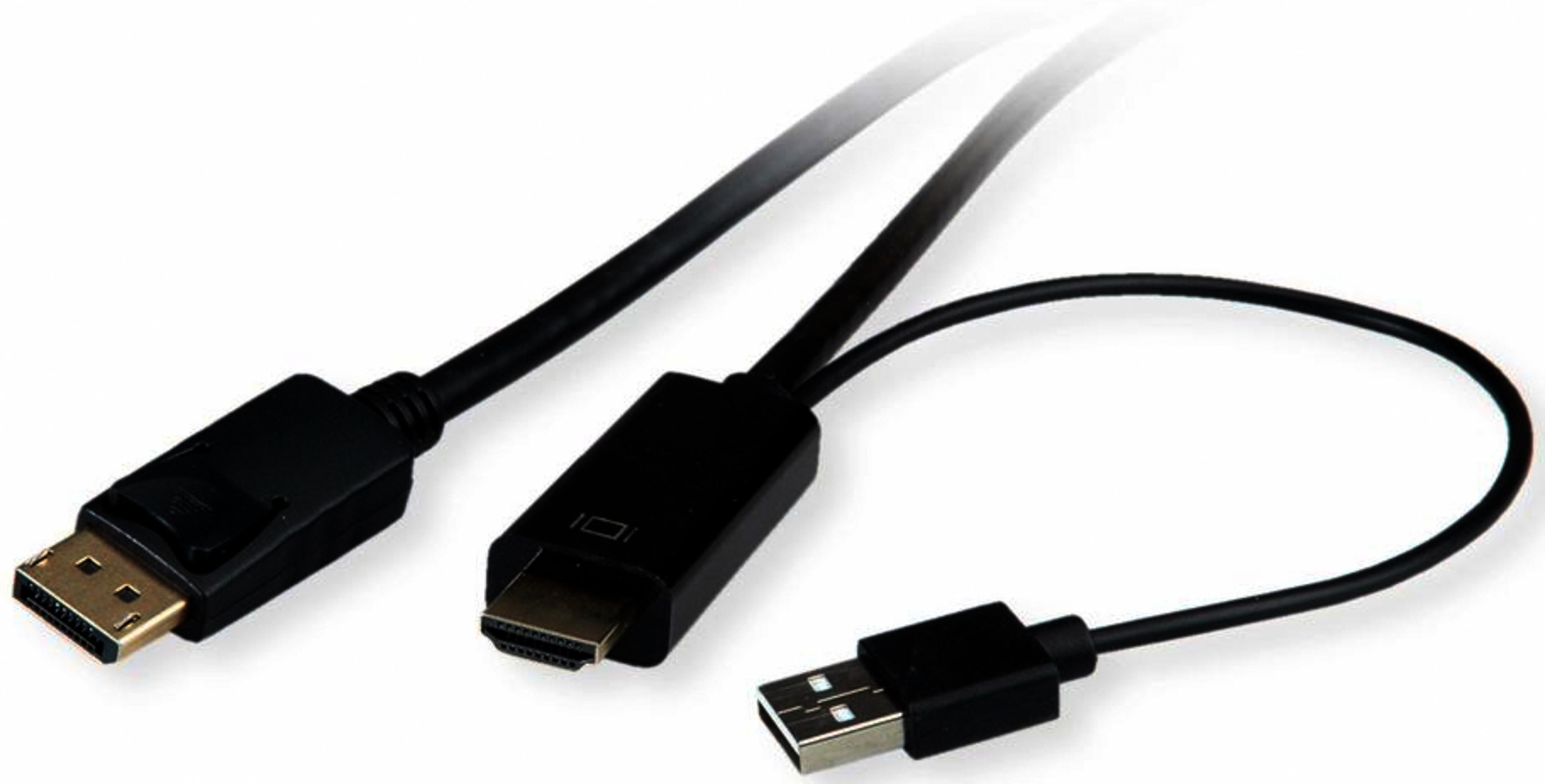 Ein schwarzes Kabel mit DisplayPort-, HDMI- und USB-Steckern auf weißem Grund.