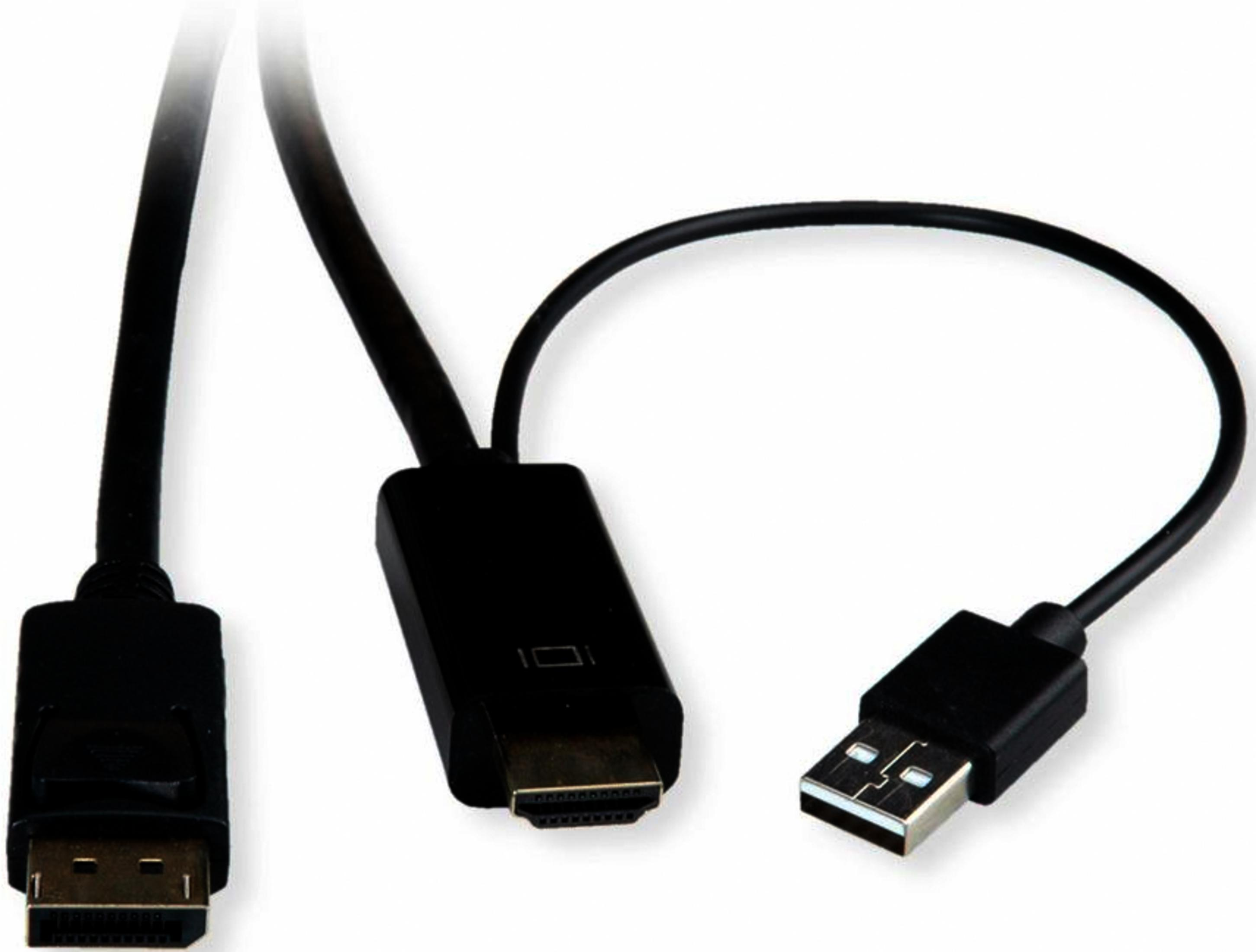 Ein schwarzes Kabel mit DisplayPort-, HDMI- und USB-Anschlüssen.