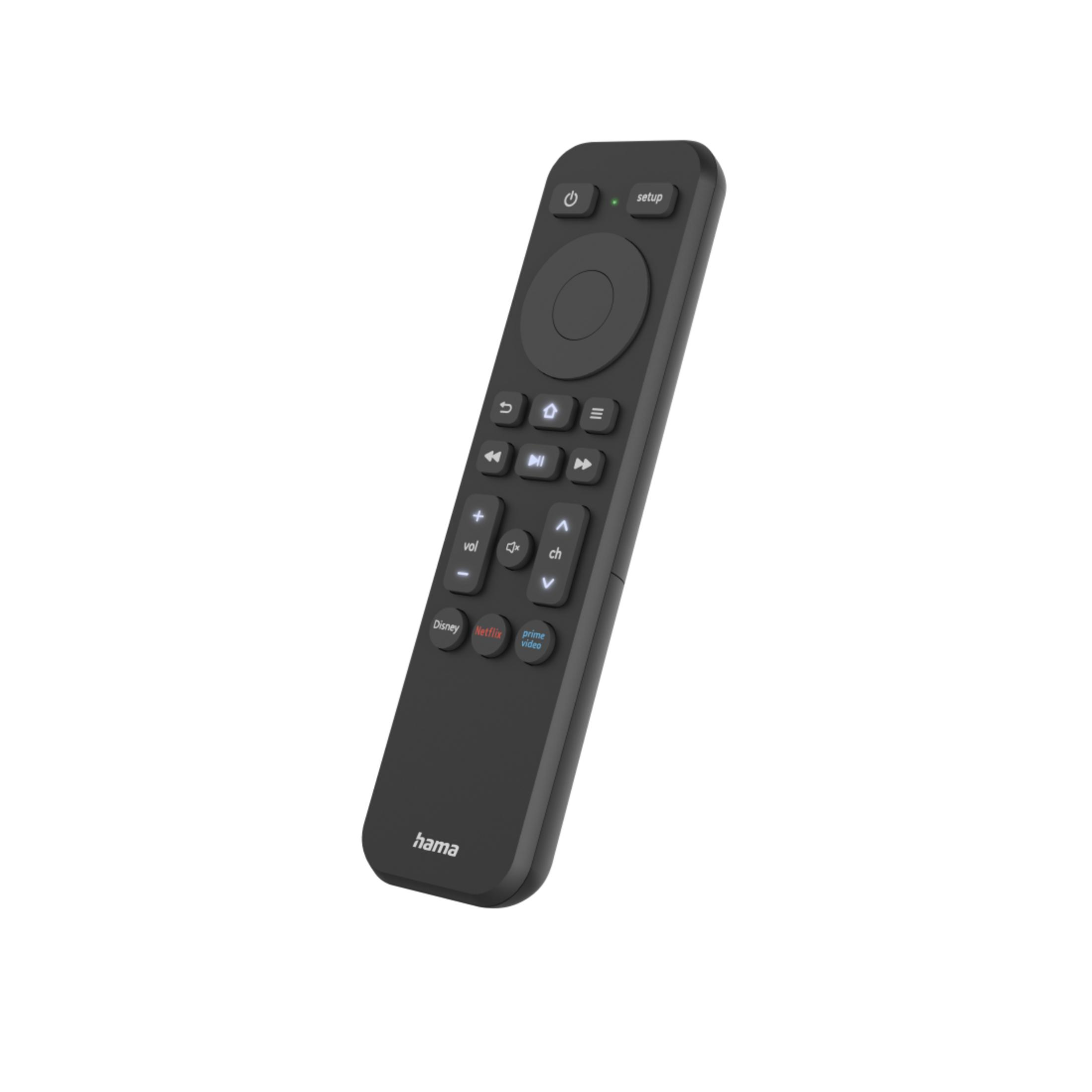 Schwarze Fernbedienung mit Tasten für Disney, Netflix und Prime Video.