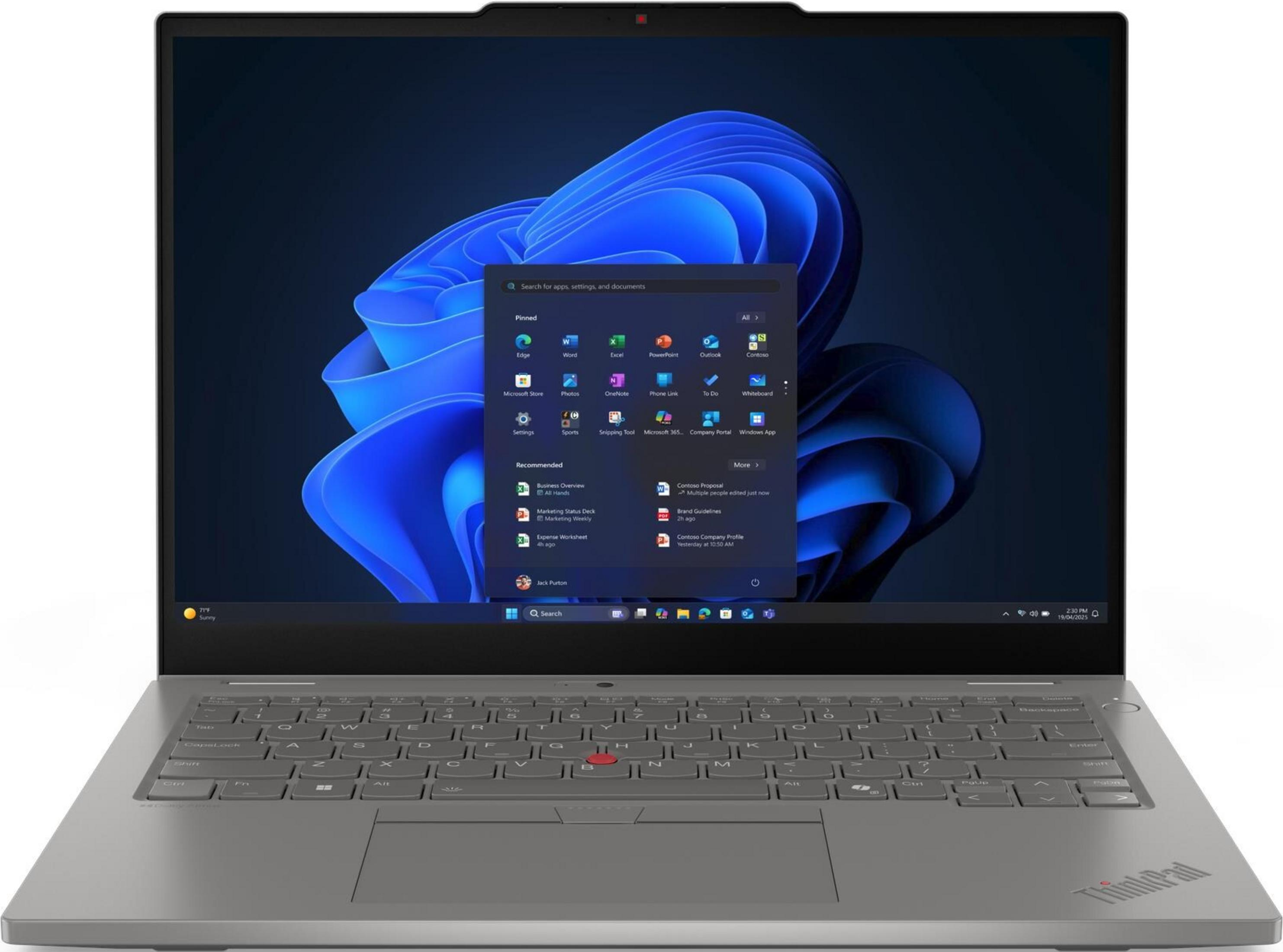 Graues ThinkPad-Laptop mit Windows 11, Startmenü und blauer Wellen-Hintergrundgrafik.