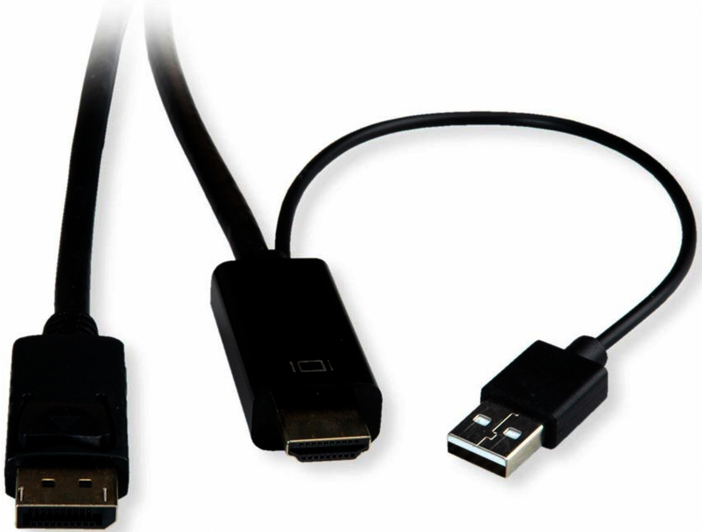 Ein schwarzes Kabel mit DisplayPort-, HDMI- und USB-Anschlüssen.