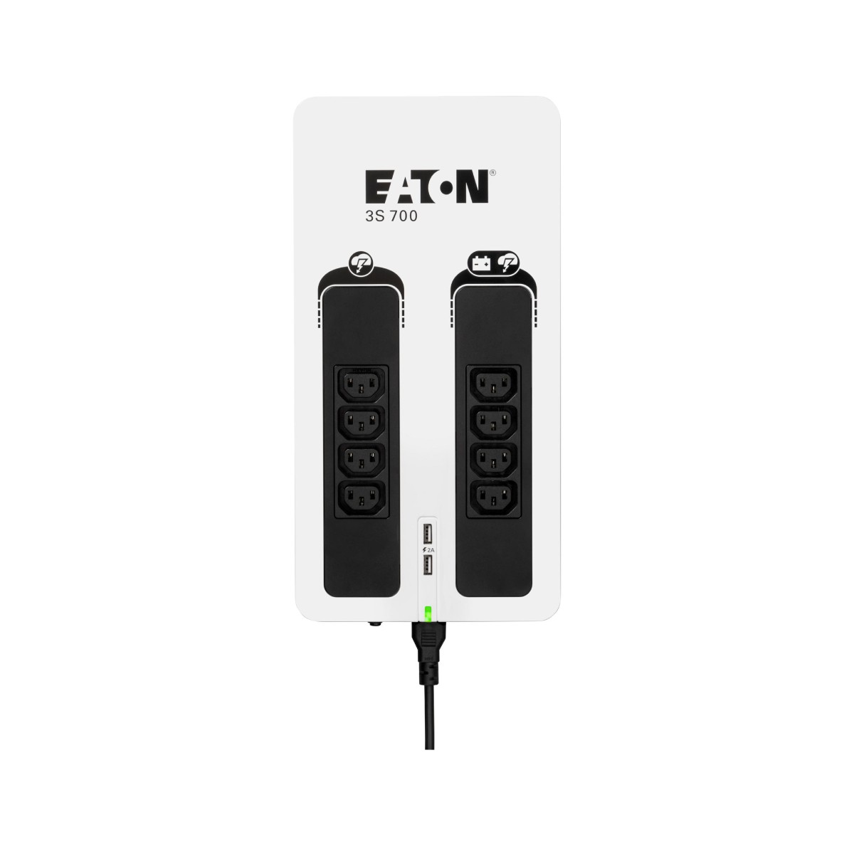 Ein weißes Eaton 3S 700 USV-Gerät mit mehreren Steckdosen und USB-Anschlüssen.
