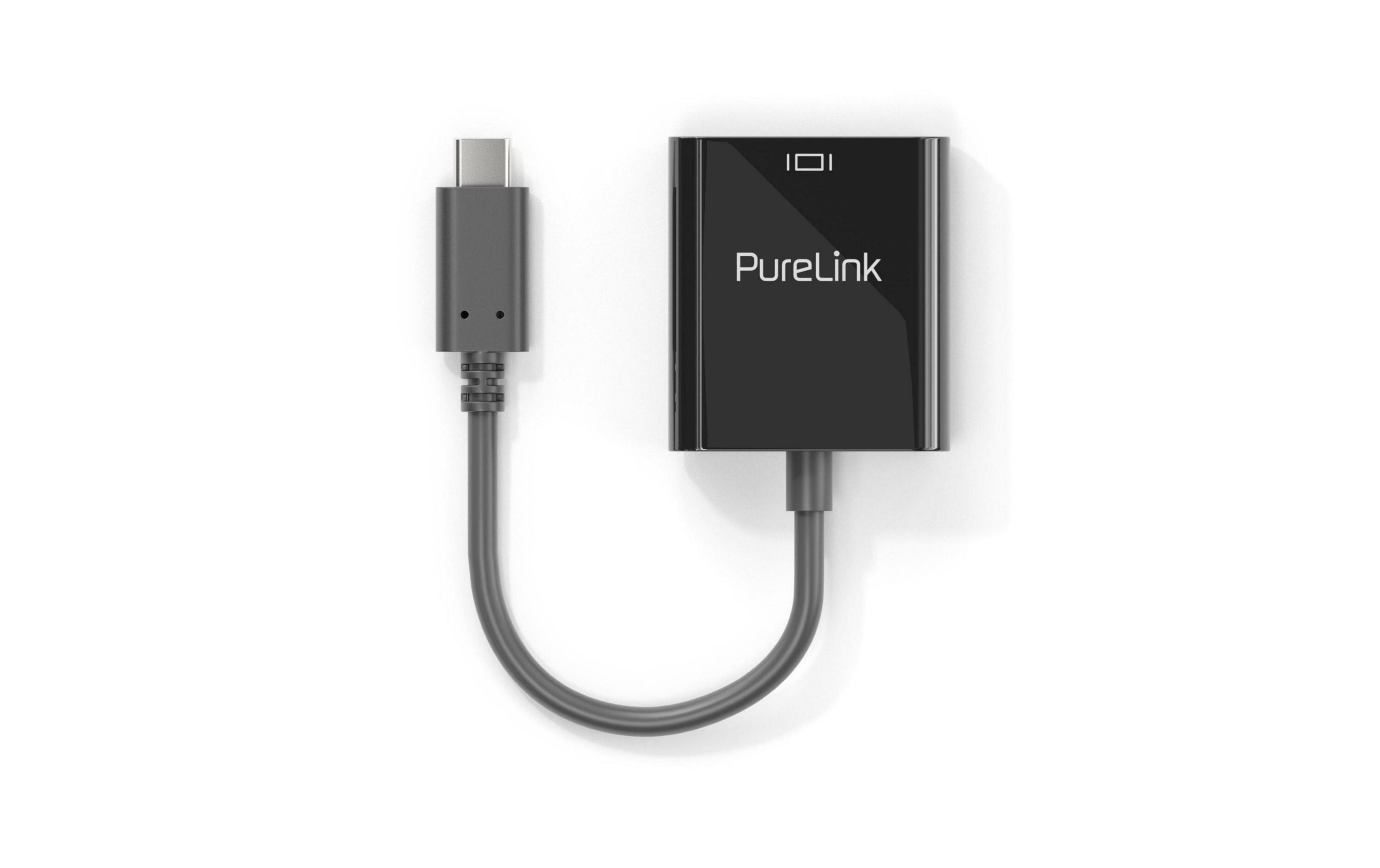 Un adaptador USB-C negro de PureLink con cable sobre fondo blanco.