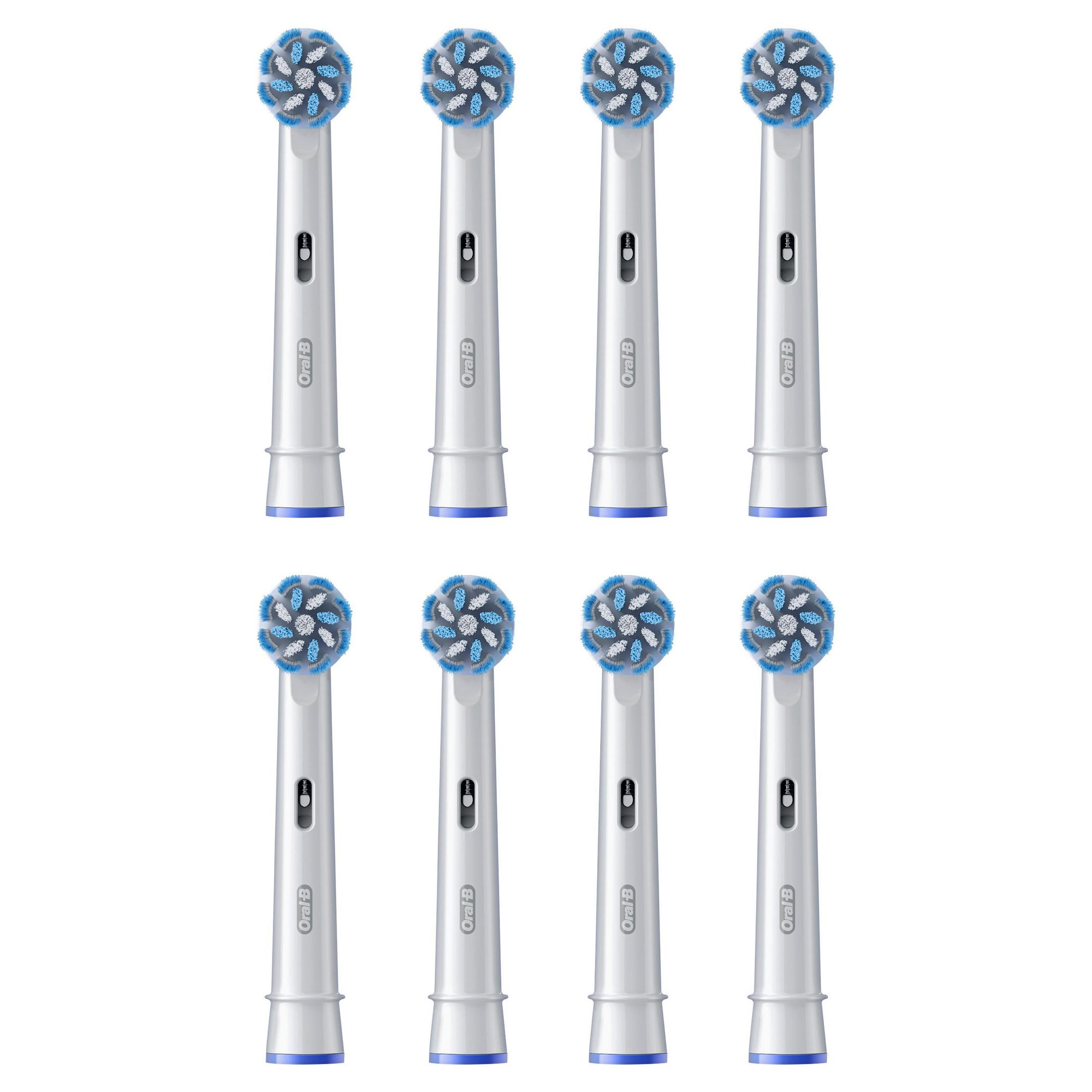 Osiem końcówek do szczoteczki elektrycznej z niebiesko-białym włosiem na białym tle.